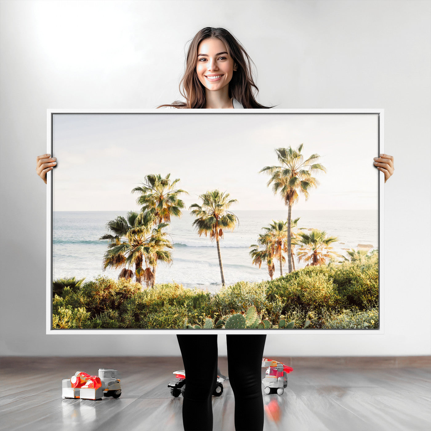 94707294-MGV-CV-36X24-California Coast Wall Art Canvas Print, Framed Palm Trees Art Picture Print, Coastal Landscape Perfect Coastal Minimalist Decor