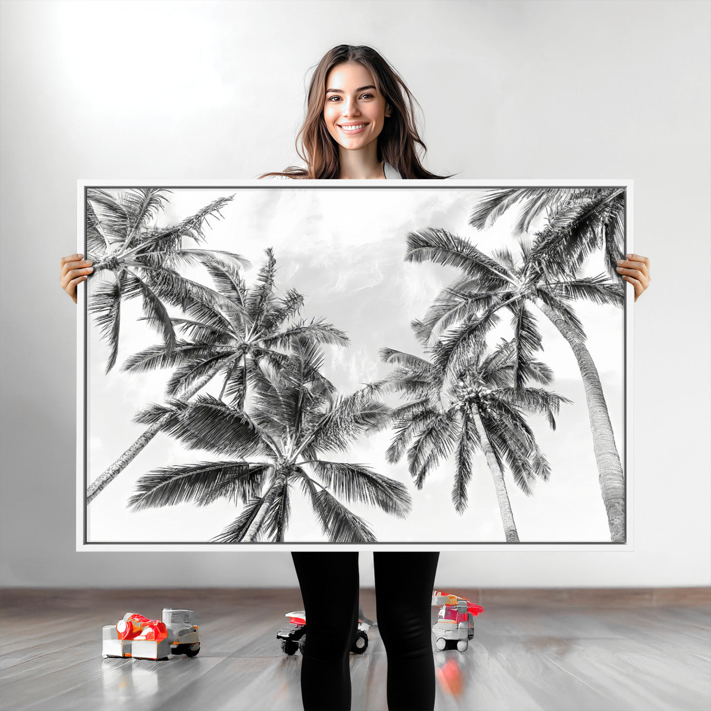 62113786-MGV-CV-36X24-Black White Palm Wall Art Canvas Print, Framed Monochrome Tropics Art Picture Print, Minimalist Beach Perfect Coastal Minimalist