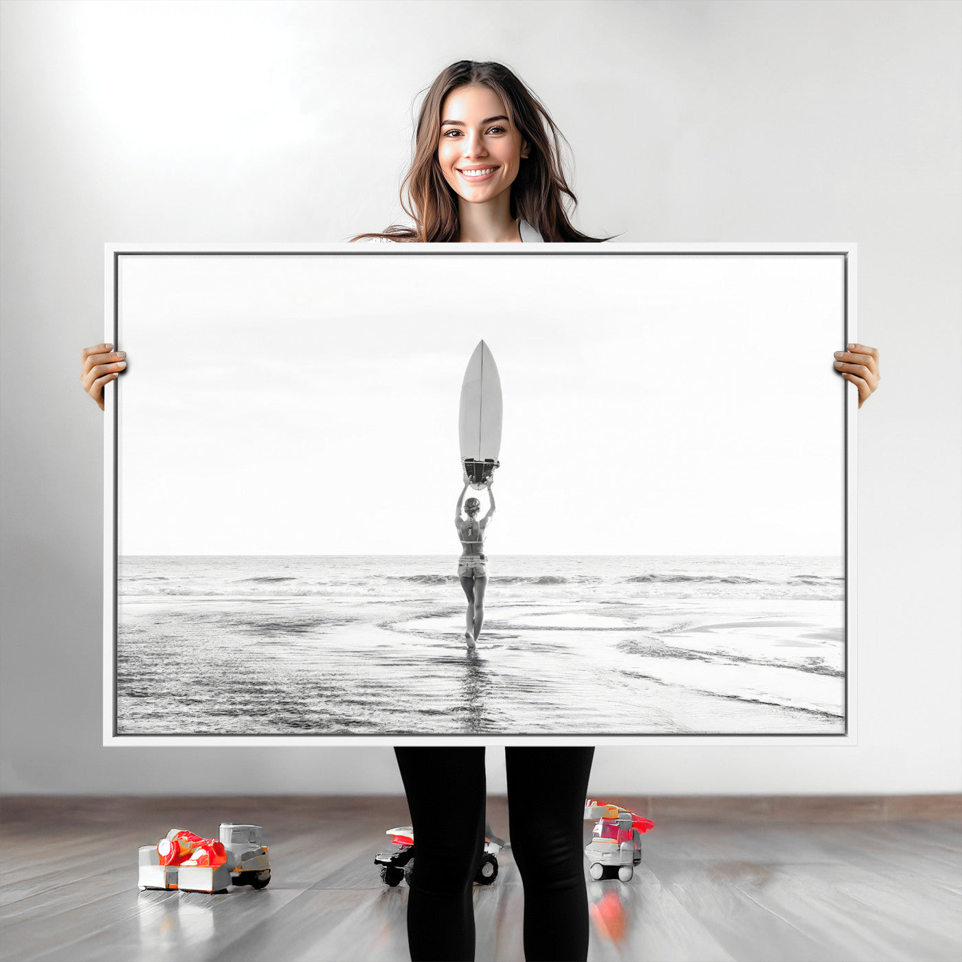 98446901-MGV-CV-36X24-Monochrome Surf Wall Art Canvas Print, Framed Minimalist Surfer Art Picture Print, Surfboard Silhouette Perfect Coastal Minimalist