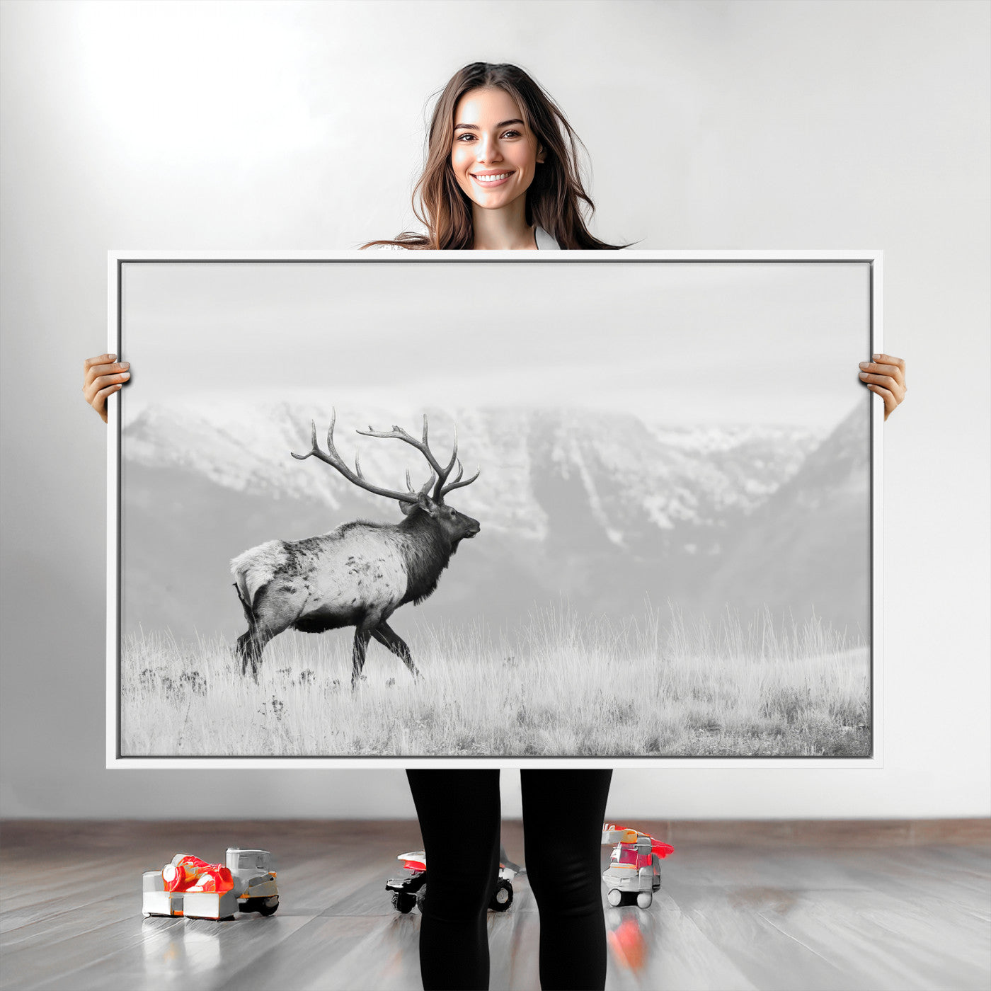 62278753-MGV-CV-36X24-Monochrome Elk Wall Art Canvas Print, Framed Mountain Wildlife Art Picture Print, Rustic Nature Perfect Rustic Minimalist Decor