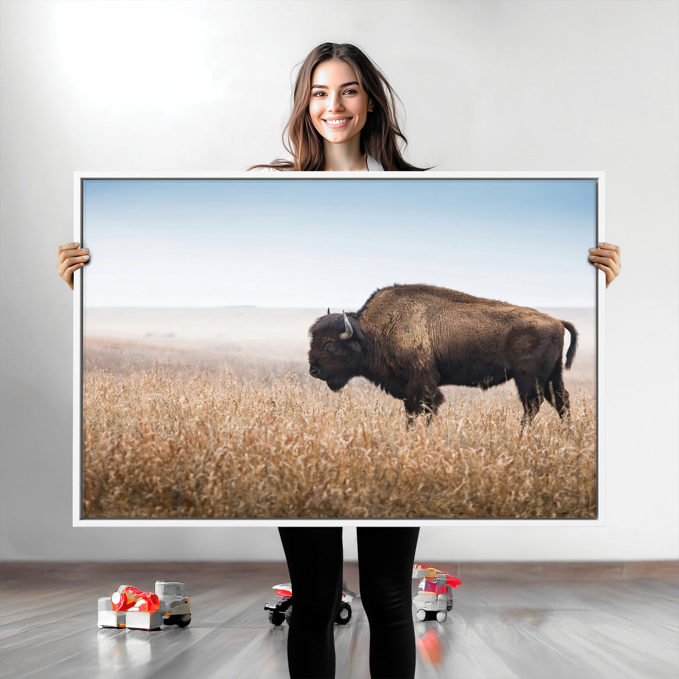 99620201-MGV-CV-36X24-Wild Bison Wall Art Canvas Print, Framed Bison in Prairie Art Picture Print, Rustic Western Perfect Rustic Western Decor Artwork