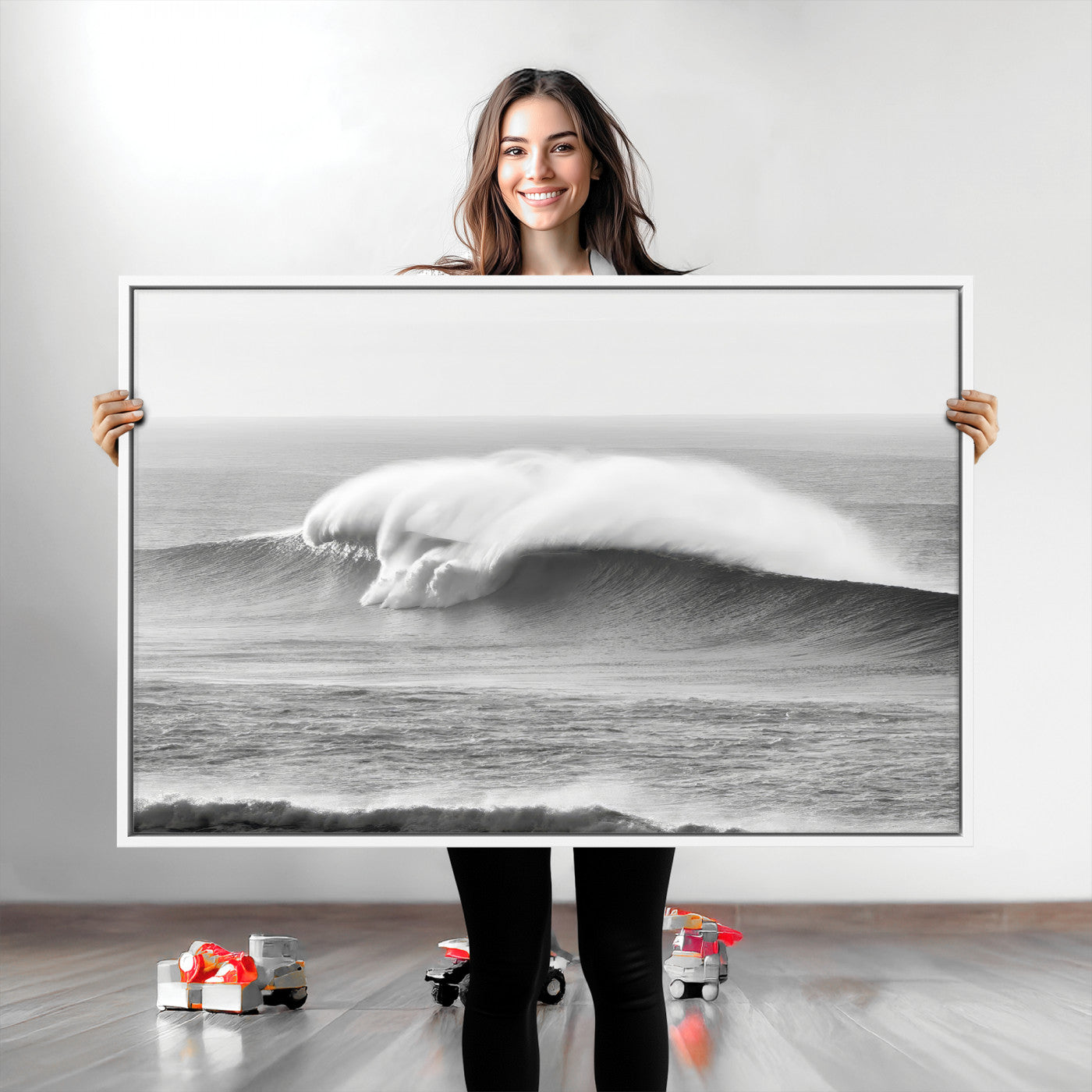 42544082-MGV-CV-36X24-Monochrome Seascape Wall Art Canvas Print, Framed Surf Wave Art Picture Print, Minimalist Ocean Perfect Moody Coastal Decor