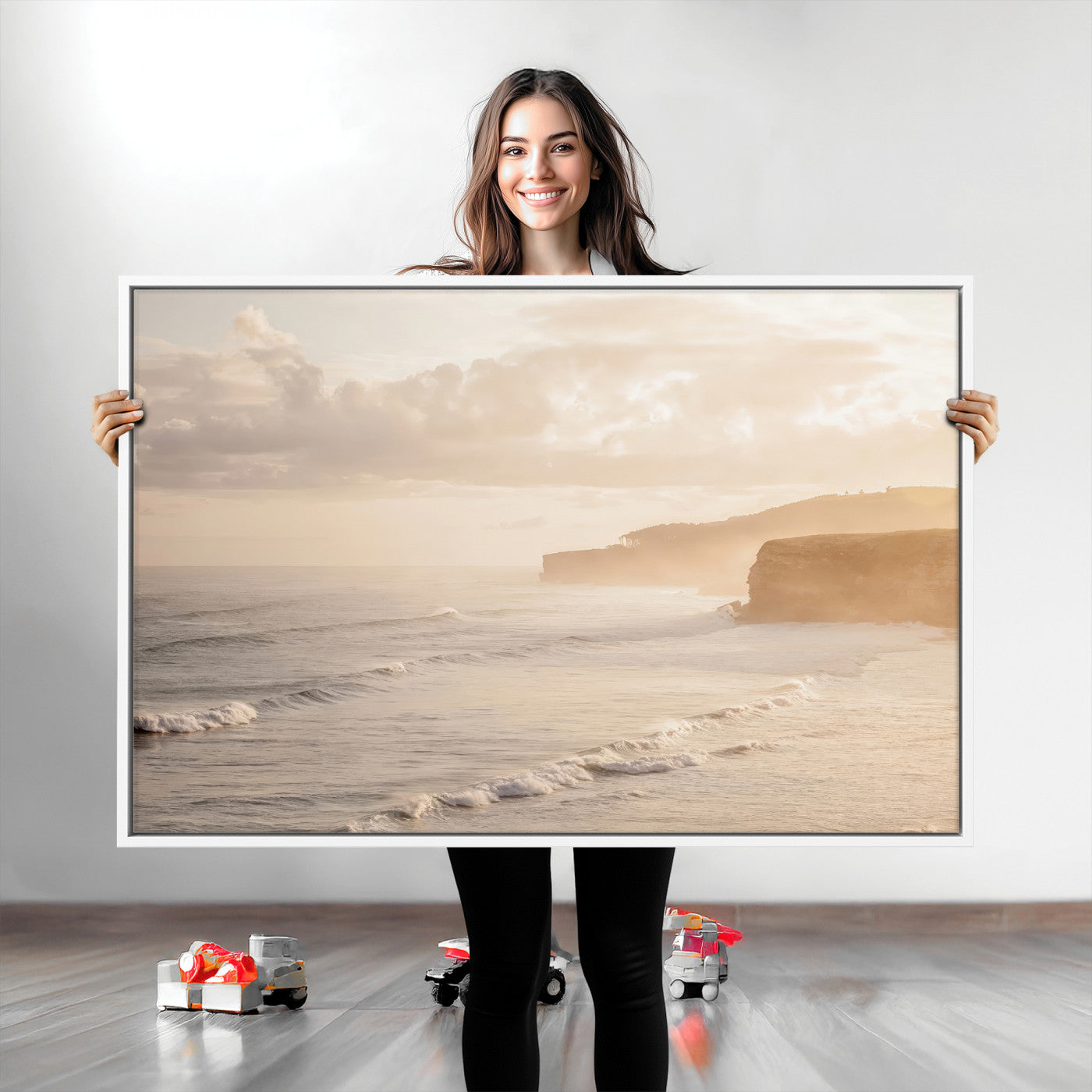 57669769-MGV-CV-36X24-Misty Coastal Wall Art Canvas Print, Framed Golden Sunset Art Picture Print, Serene Shoreline Perfect Tranquil Coastal Decor