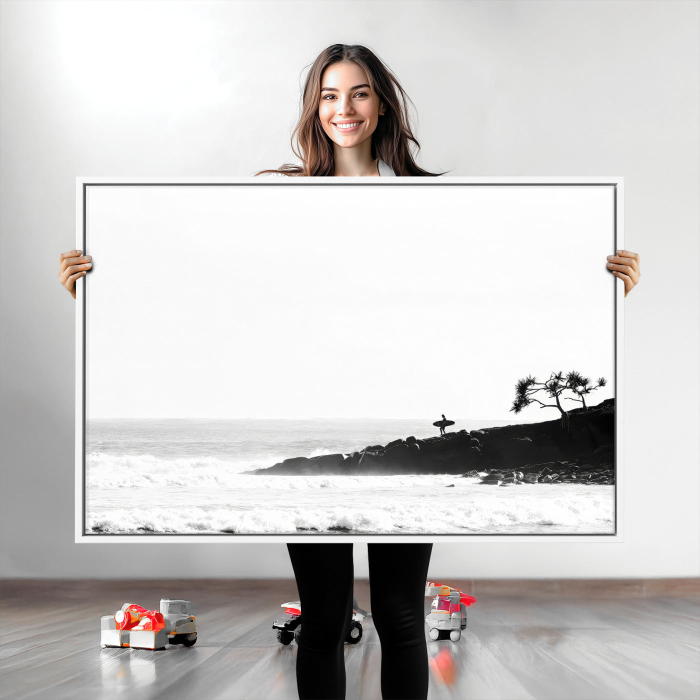 40875891-MGV-CV-36X24-SurferCliffs Wall Art Canvas Print, Framed Black White Beach Art Picture Print, Ocean Waves Perfect Minimalist Coastal Decor