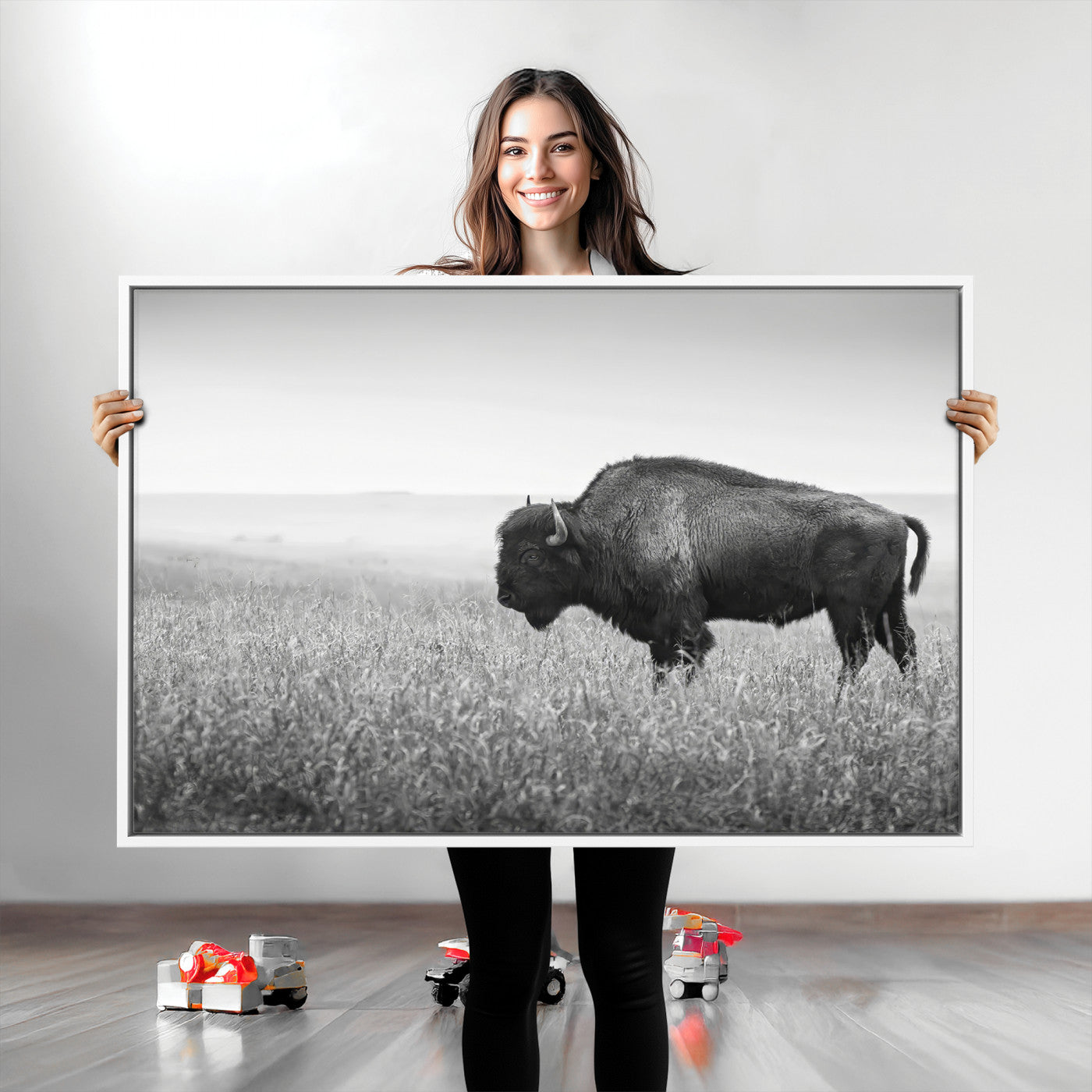 28435251-MGV-CV-36X24-Bison In Prairie Wall Art Canvas Print, Framed Rustic Wildlife Art Picture Print, Wild Buffalo Perfect Rustic Western Decor