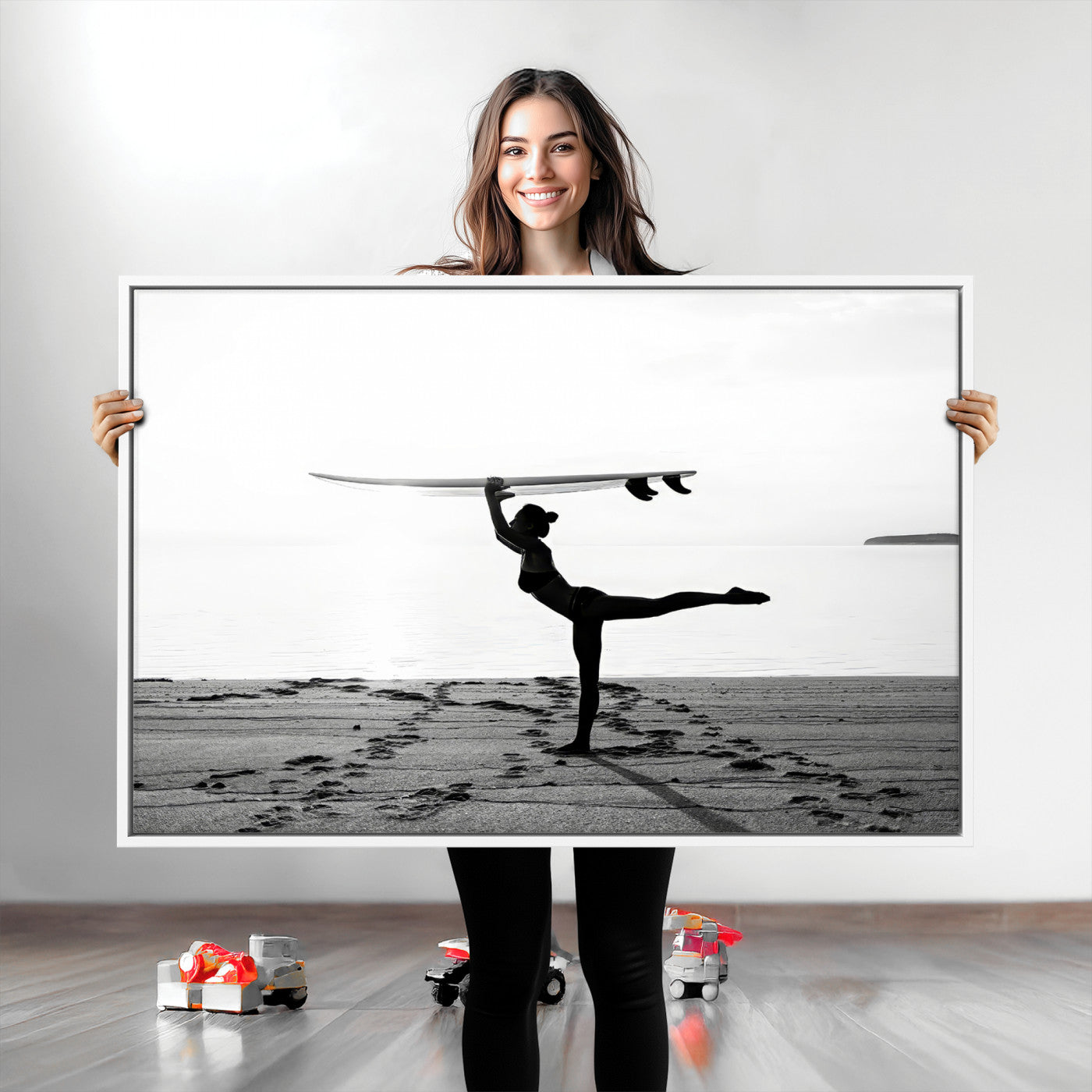 28441356-MGV-CV-36X24-Yoga Surf Wall Art Canvas Print, Framed Black White Shore Art Picture Print, Peaceful Ocean Perfect Minimalist Coastal Decor