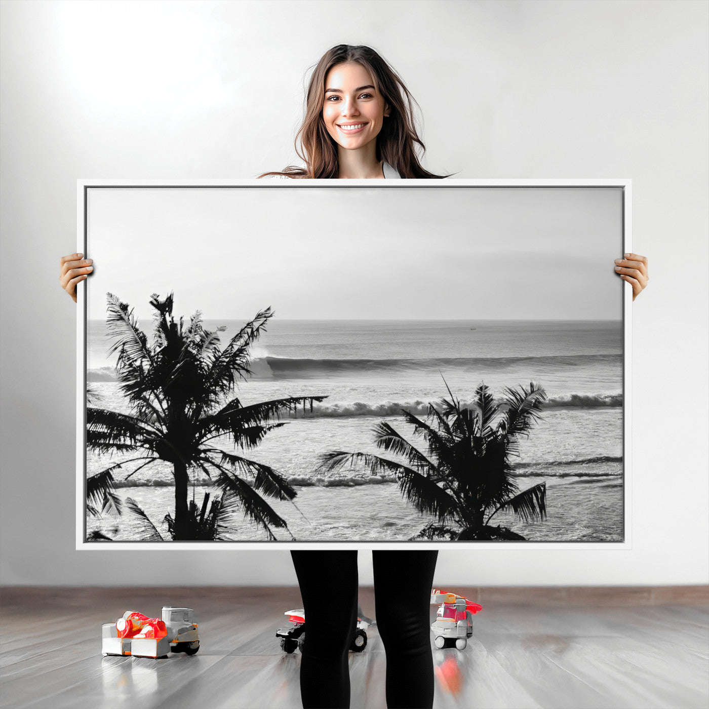 17508038-MGV-CV-36X24-Tropical Coastline Wall Art Canvas Print, Framed Palm Trees Art Picture Print, Ocean Waves Perfect Minimalist Coastal Decor