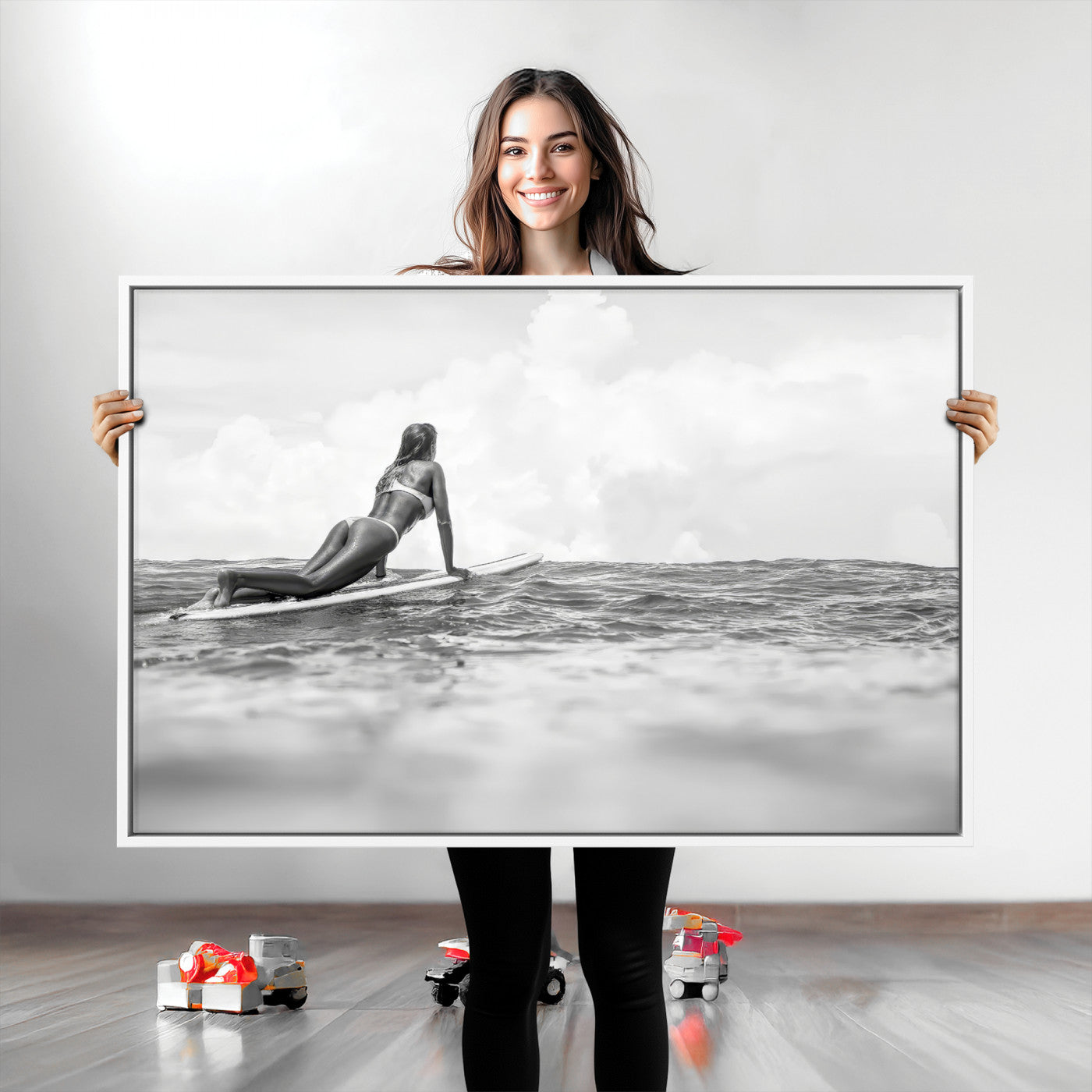 69798068-MGV-CV-36X24-Black White Surfing Wall Art Canvas Print, Framed Ocean Horizon Art Picture Print, Surfer Girl Perfect Coastal Adventure Decor
