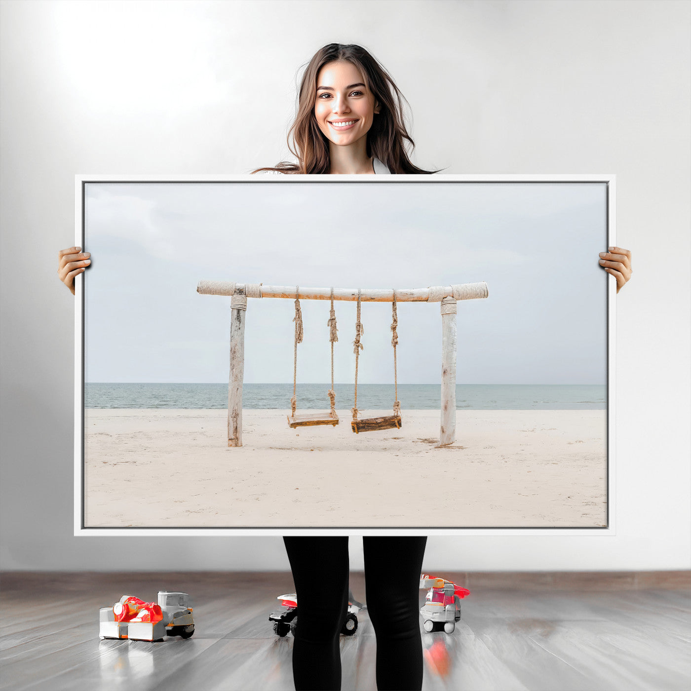 68327283-MGV-CV-36X24-Beach Swing Wall Art Canvas Print, Framed Quiet Beach Art Picture Print, Calm Shoreline Perfect Bohemian Coastal Decor Artwork