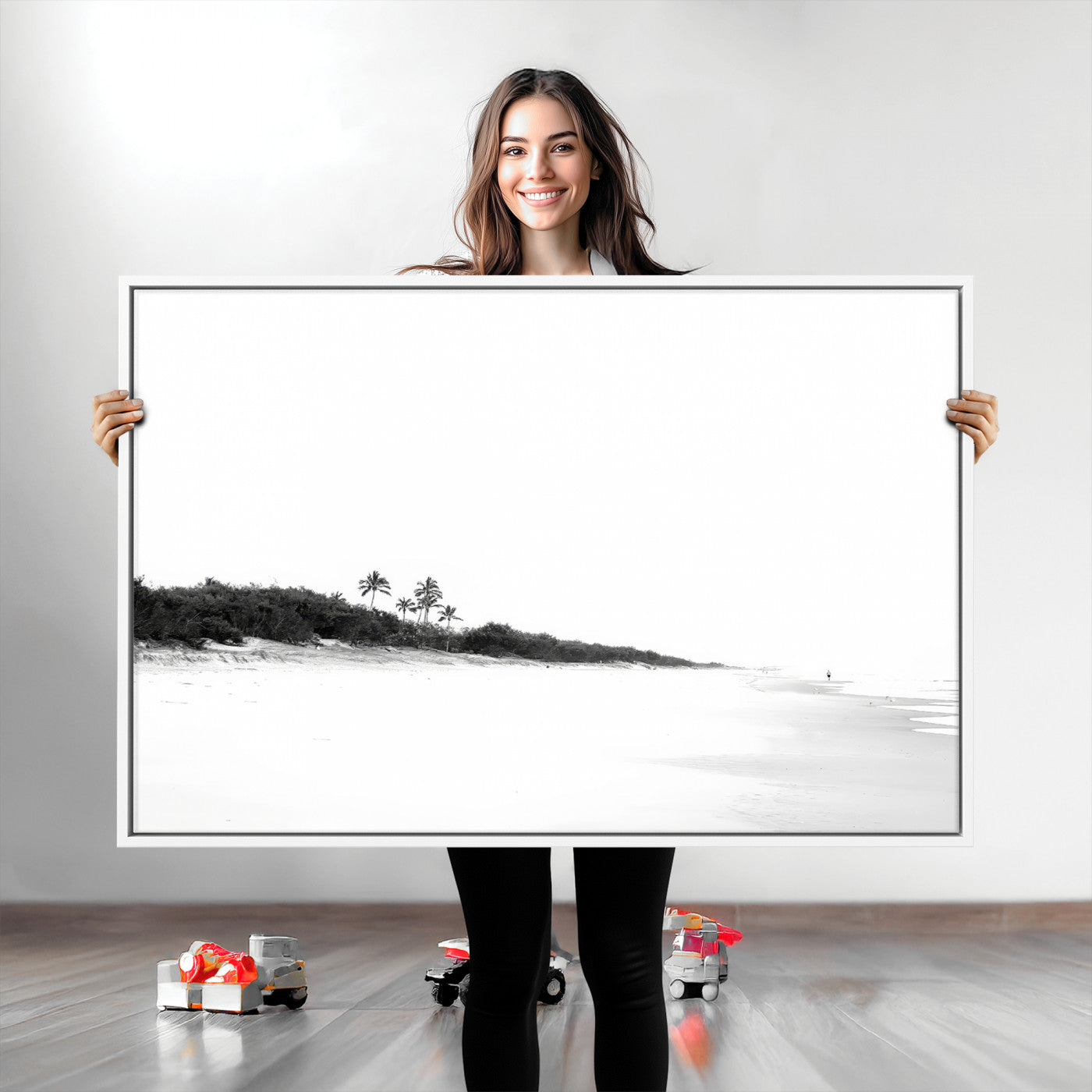 29611516-MGV-CV-36X24-Black White Beach Wall Art Canvas Print, Framed Palm Trees Art Picture Print, Monochrome Tropical Perfect Minimalist Coastal Decor