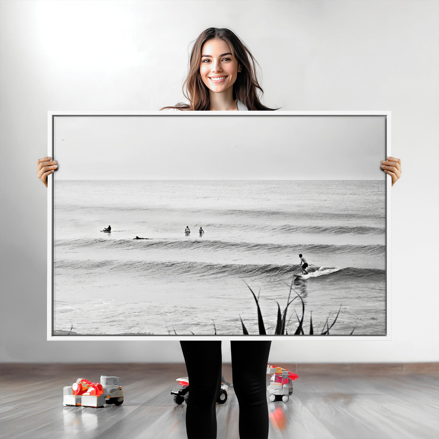 33821421-MGV-CV-36X24-Surfer Silhouette Wall Art Canvas Print, Framed Calm Ocean Art Picture Print, Monochrome Surf Perfect Minimalist Coastal Decor