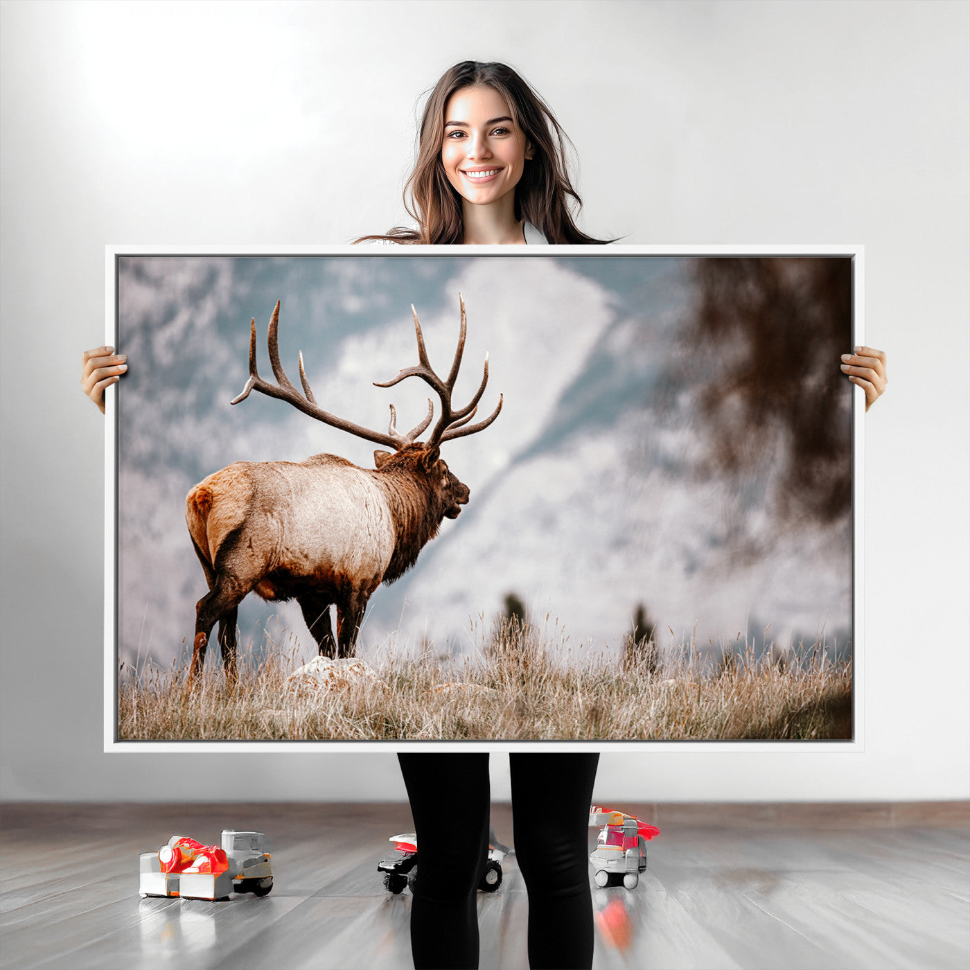 70489411-MGV-CV-36X24-Elk Photography Wall Art Canvas Print, Framed Mountain Wildlife Art Picture Print, Rustic Nature Decor Perfect Rustic Lodge Decor