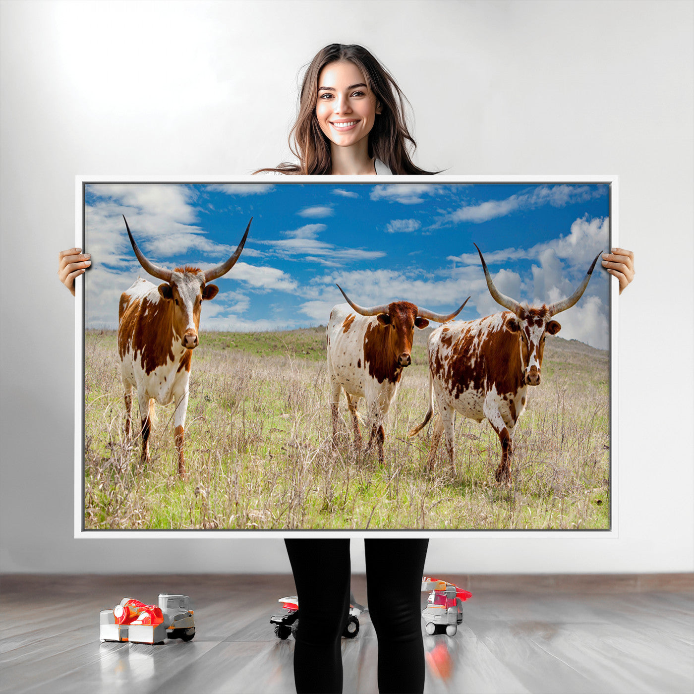 58099948-MGV-CV-36X24-Texas Longhorn Wall Art Canvas Print, Framed Western Decor Art Picture Print, Rustic Farmhouse Perfect Western Farmhouse Decor