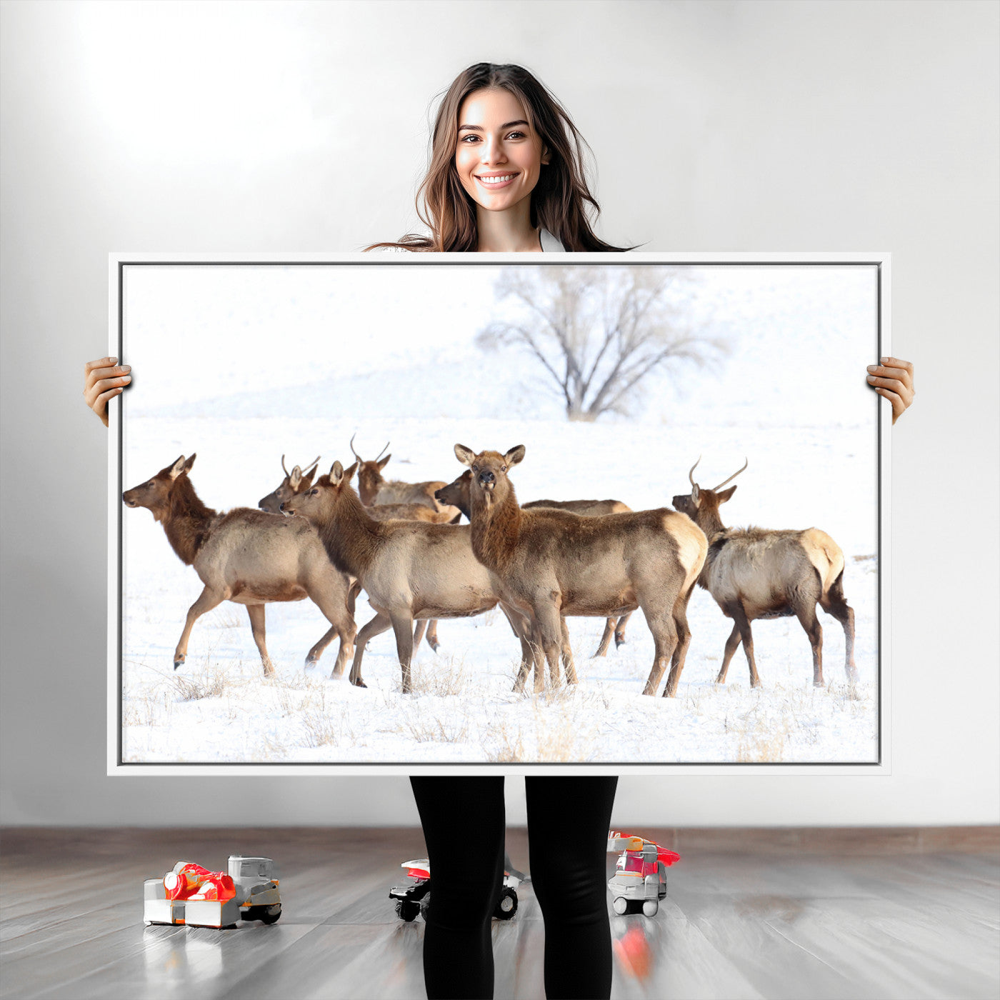 68738684-MGV-CV-36X24-Winter Elk Scene Wall Art Canvas Print, Framed Wildlife Photography Art Picture Print, Snowy Deer Decor Perfect Rustic Lodge Decor
