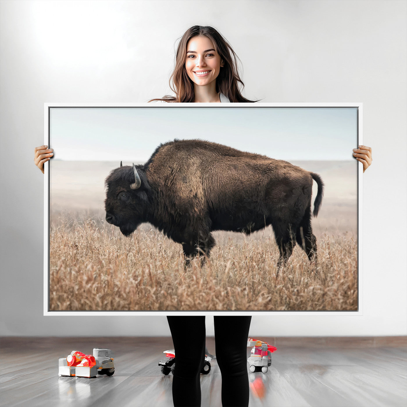 34451925-MGV-CV-36X24-Rustic Bison Decor Wall Art Canvas Print, Framed Buffalo Home Accent Art Picture Print, Prairie Wildlife Scene Perfect Western