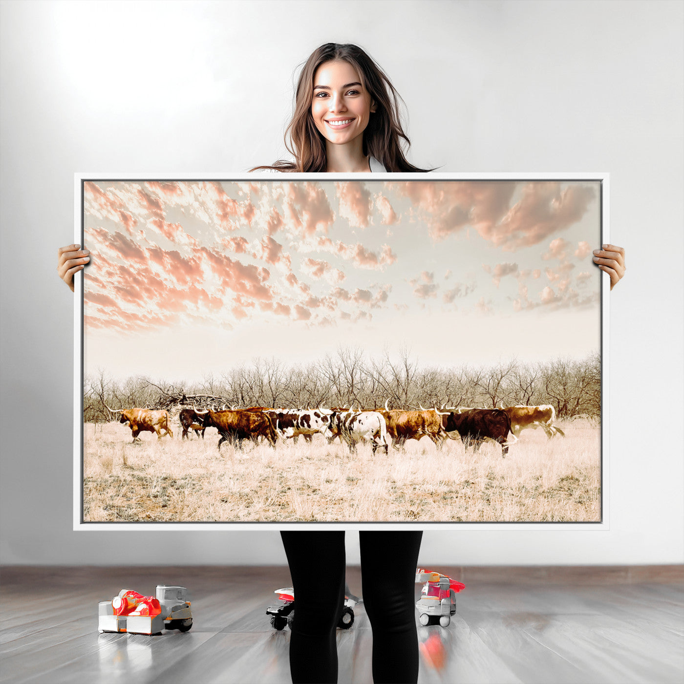 43704663-MGV-CV-36X24-Country Cow Herd Wall Art Canvas Print, Framed Farmhouse Cattle Scene Art Picture Print, Rustic Ranch Decor Perfect Rustic
