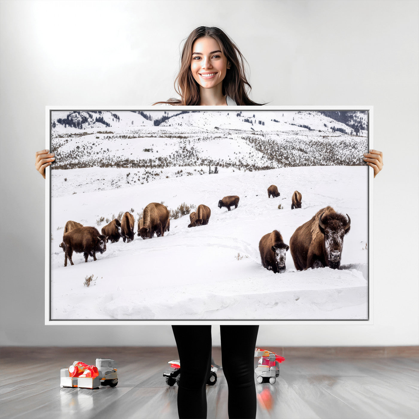 13891210-MGV-CV-36X24-Bison Herd Scene Wall Art Canvas Print, Framed Western Wildlife Decor Art Picture Print, Snowy Mountain Valley Perfect Rustic