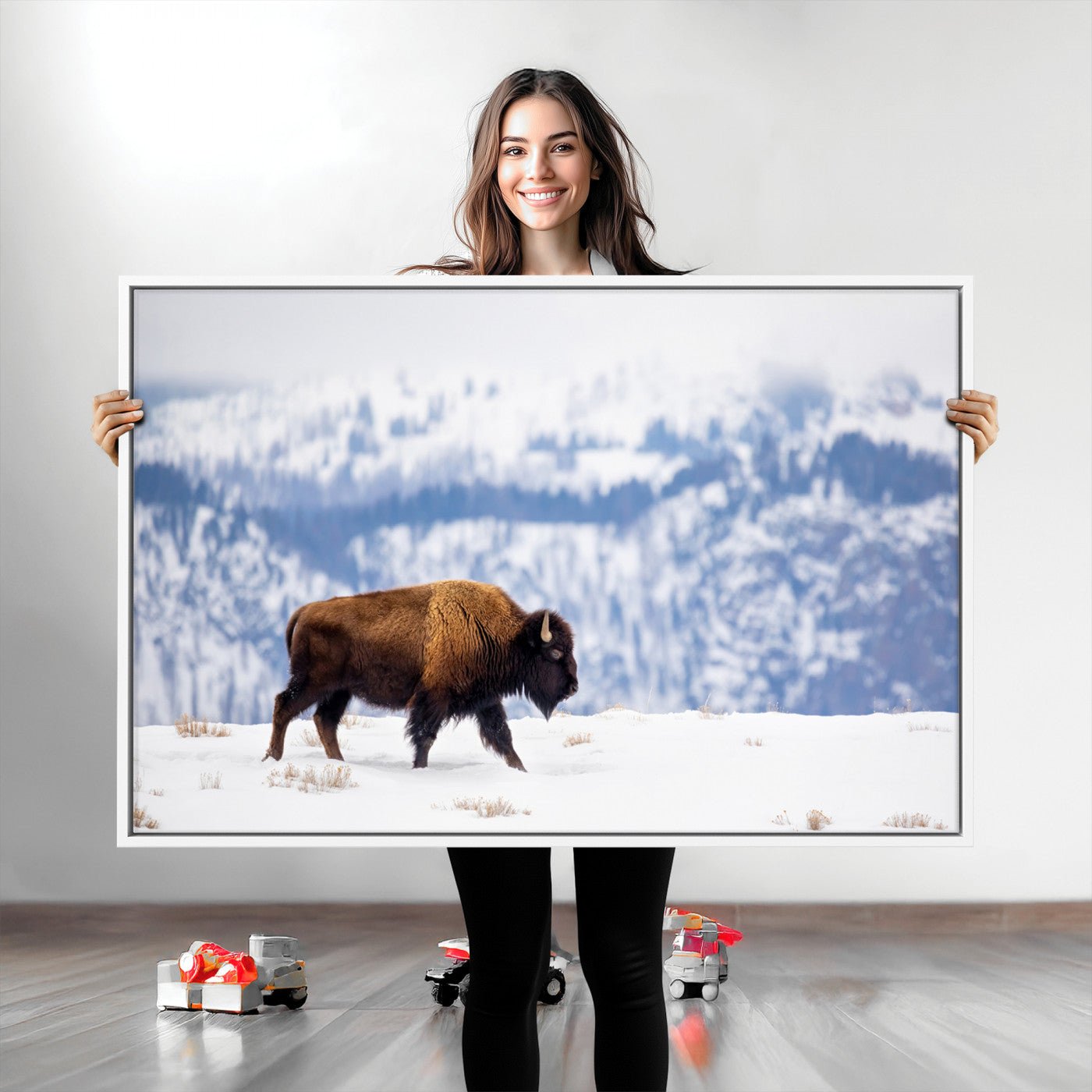 58512275-MGV-CV-36X24-Cowboy Aesthetic Wall Art Canvas Print, Framed Neutral Animal Theme Art Picture Print, Bison Ranch Style Perfect Rustic Western