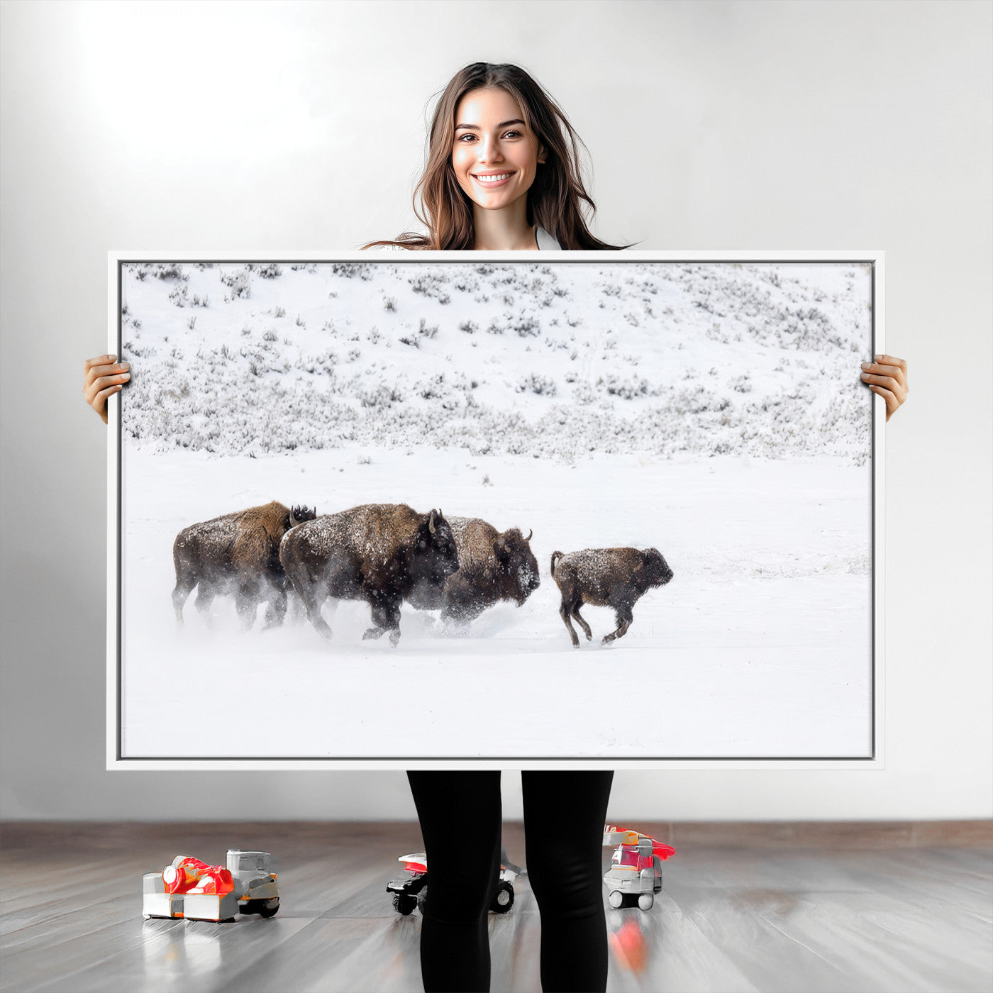 56216945-MGV-CV-36X24-Bison Herd Decor Wall Art Canvas Print, Framed Snowy Bison Scene Art Picture Print, Winter Wildlife Theme Perfect Rustic Western