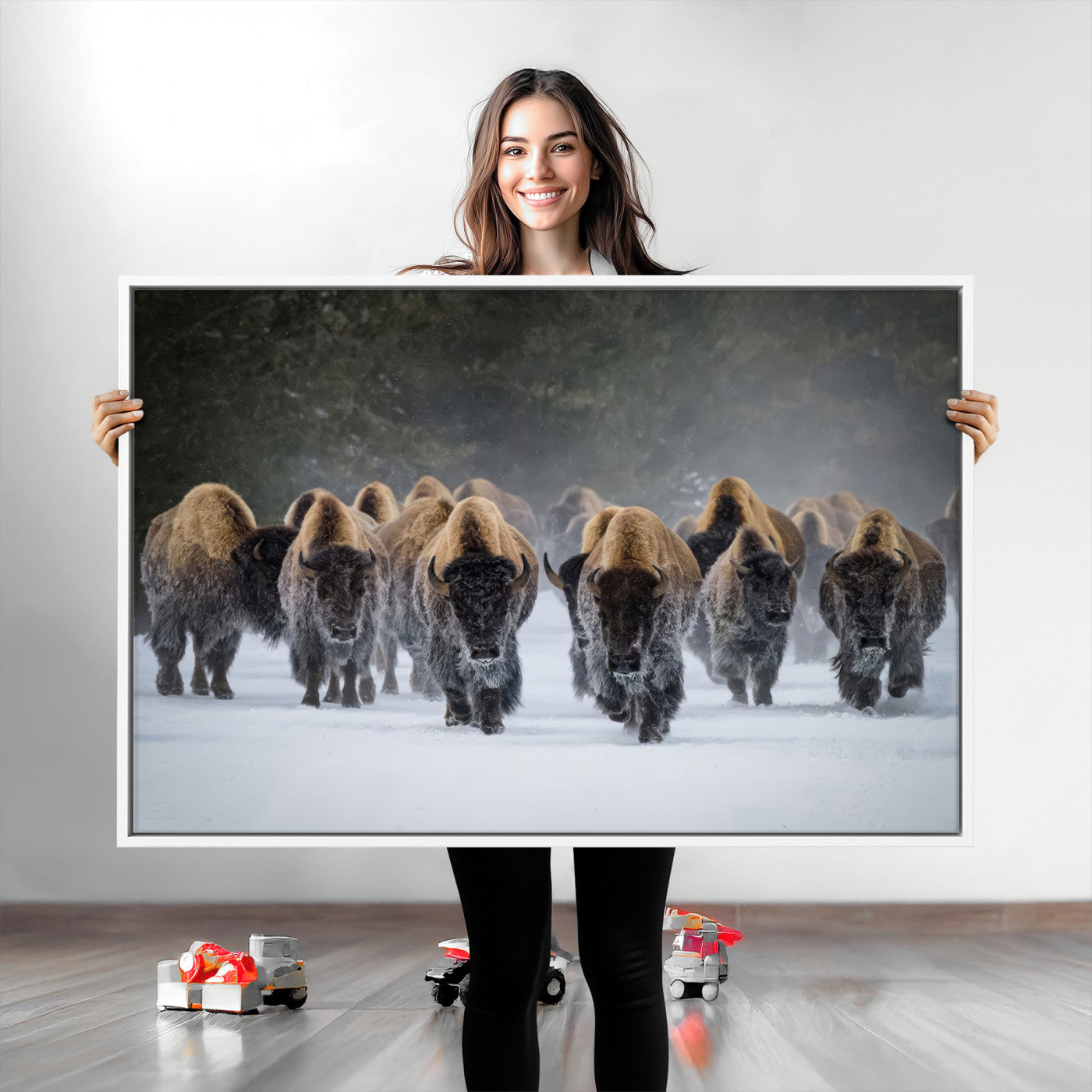 41669135-MGV-CV-36X24-Bison Herd Scene Wall Art Canvas Print, Framed Rustic Wildlife Decor Art Picture Print, Snowy Bison Landscape Perfect Rustic