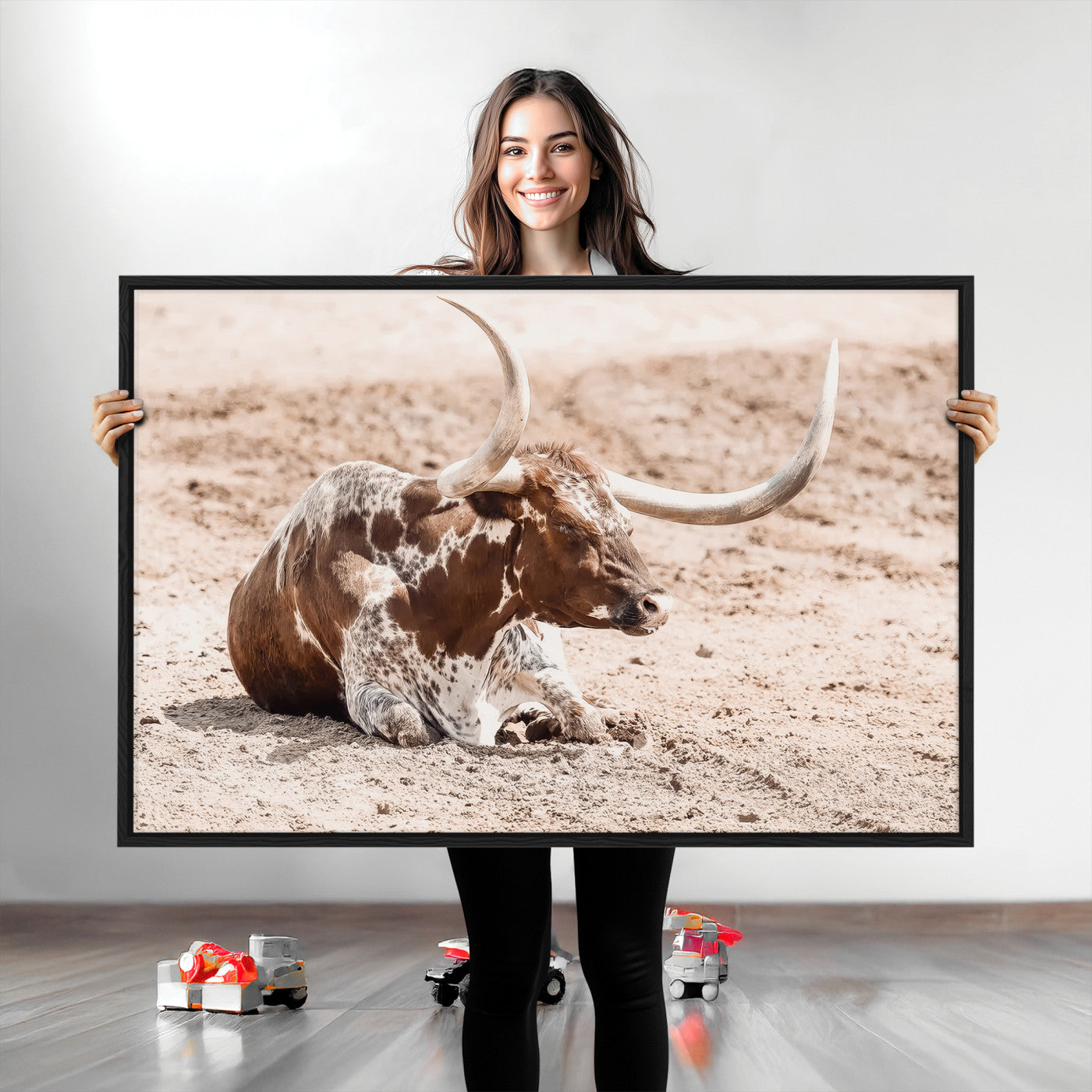 25407592-MGV-CV-36X24-Texas Longhorn Wall Art Canvas Print, Framed Resting Bull Art Picture Print, Spotted Cattle Perfect Rustic Western Decor Artwork