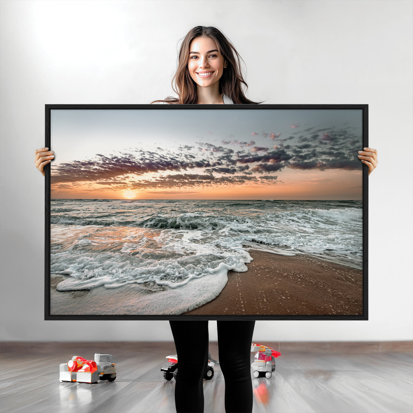40632752-MGV-CV-36X24-Ocean Sunset Wall Art Canvas Print, Framed Beach Waves Art Picture Print, Coastal Scene Perfect Coastal Decor Artwork