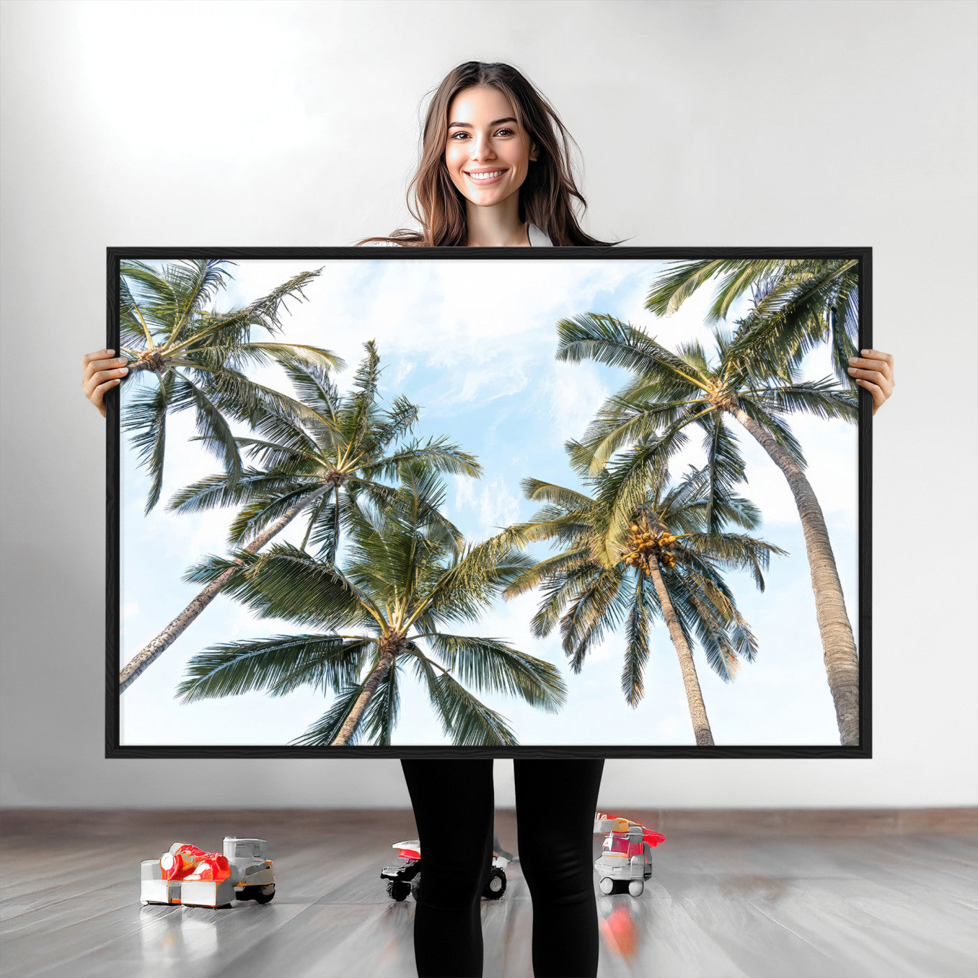 87247012-MGV-CV-36X24-Skyward Palm Trees Wall Art Canvas Print, Framed Tropical Sky Art Picture Print, Coconut Palm Perfect Tropical Skyview Decor