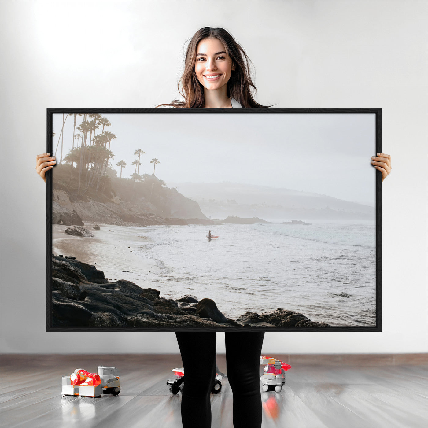 62501405-MGV-CV-36X24-Misty Beach Wall Art Canvas Print, Framed California Surfer Art Picture Print, Coastal Cliff Perfect Coastal Beach Decor Artwork