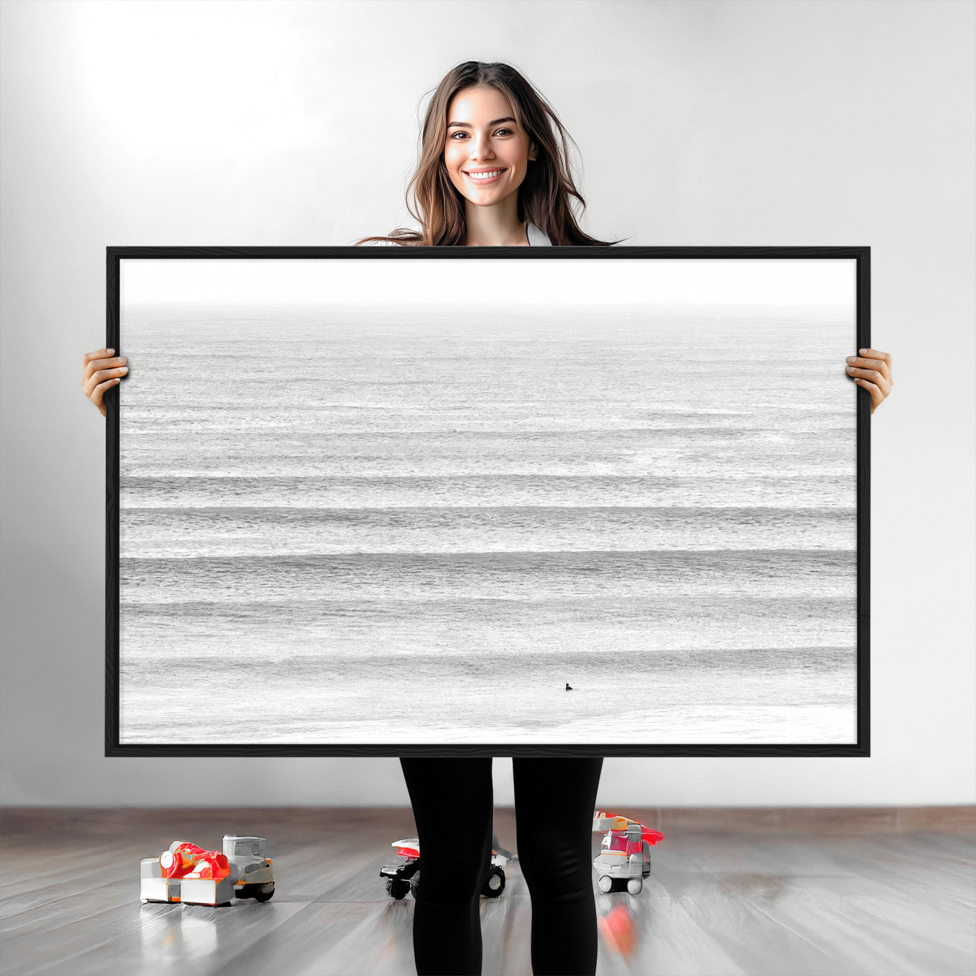 66534476-MGV-CV-36X24-Lone Surfer Wall Art Canvas Print, Framed Ocean Waves Art Picture Print, Minimal Sea Perfect Minimal Coastal Decor Artwork