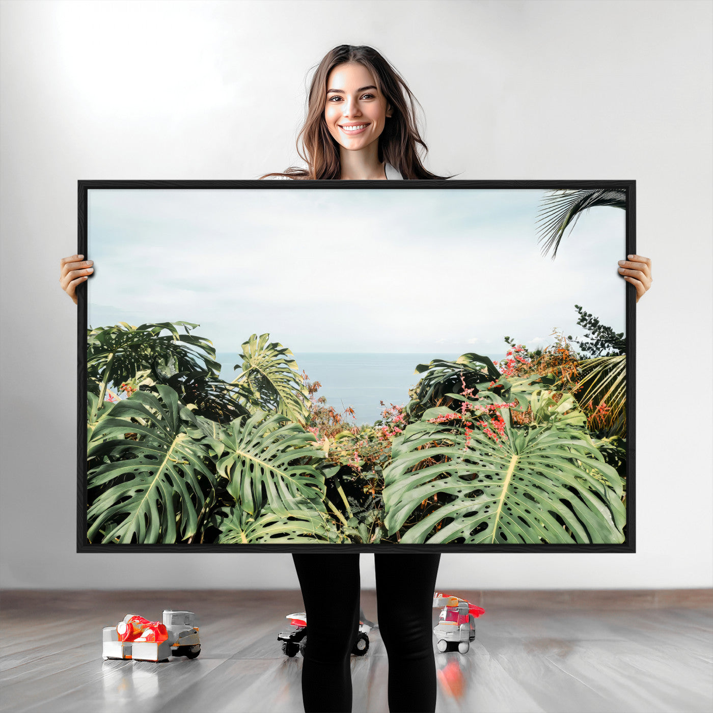 45700479-MGV-CV-36X24-Monstera Leaves Wall Art Canvas Print, Framed Tropical Ocean Art Picture Print, Tropical Foliage Perfect Tropical Coastal Jungle