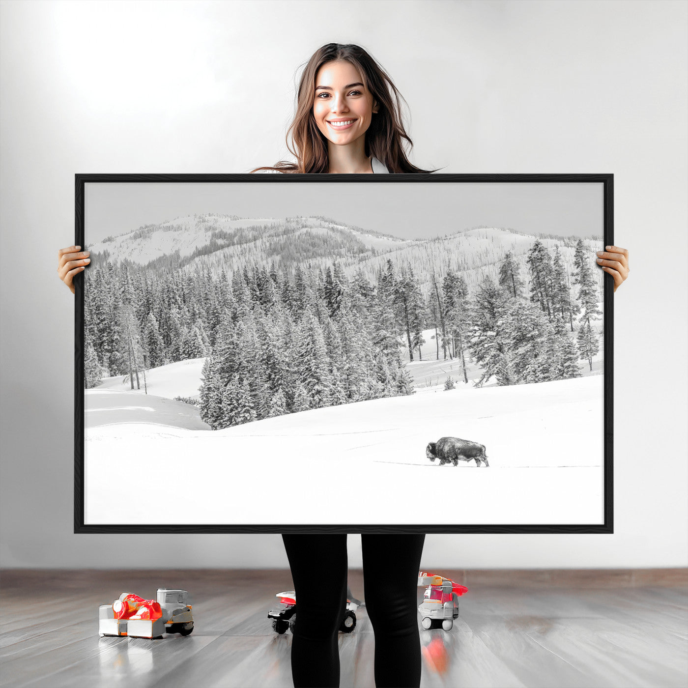68081143-MGV-CV-36X24-Snowy Bison Wall Art Canvas Print, Framed Winter Forest Art Picture Print, Lone Bison Perfect Monochrome Winter Wild Decor Artwork