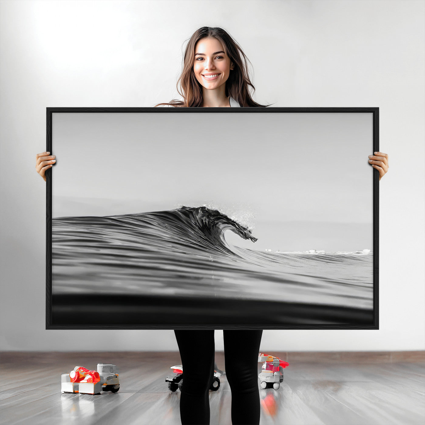 24029476-MGV-CV-36X24-Black Wave Wall Art Canvas Print, Framed Abstract Surf Art Picture Print, Minimalist Ocean Perfect Minimalist Coastal Decor