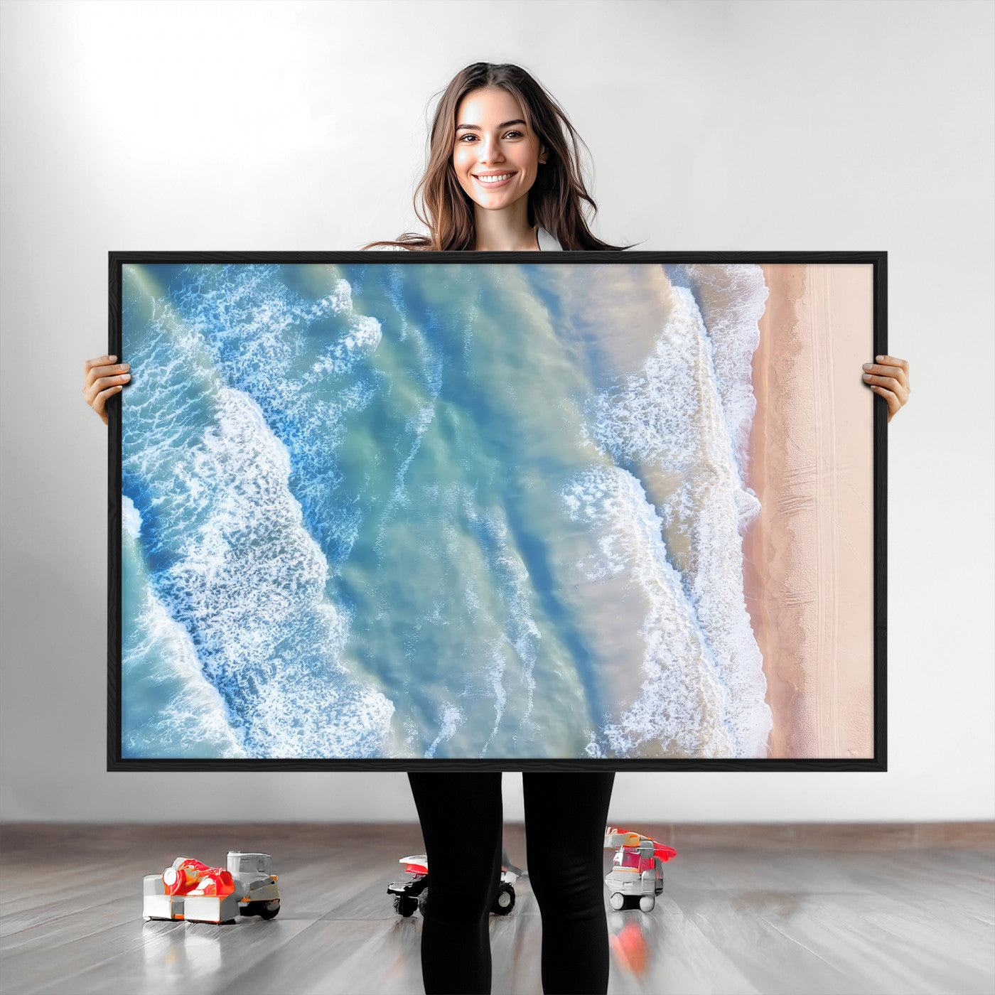 17641845-MGV-CV-36X24-Aerial Ocean Wall Art Canvas Print, Framed Blue Waves Art Picture Print, Sandy Shoreline Perfect Modern Coastal Decor Artwork