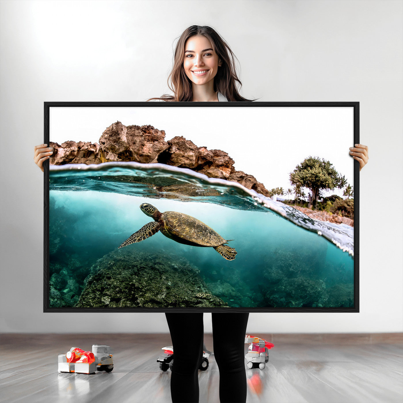 44200301-MGV-CV-36X24-Sea Turtle Swim Wall Art Canvas Print, Framed Ocean Life Art Picture Print, Tropical Shoreline Perfect Tropical Coastal Decor