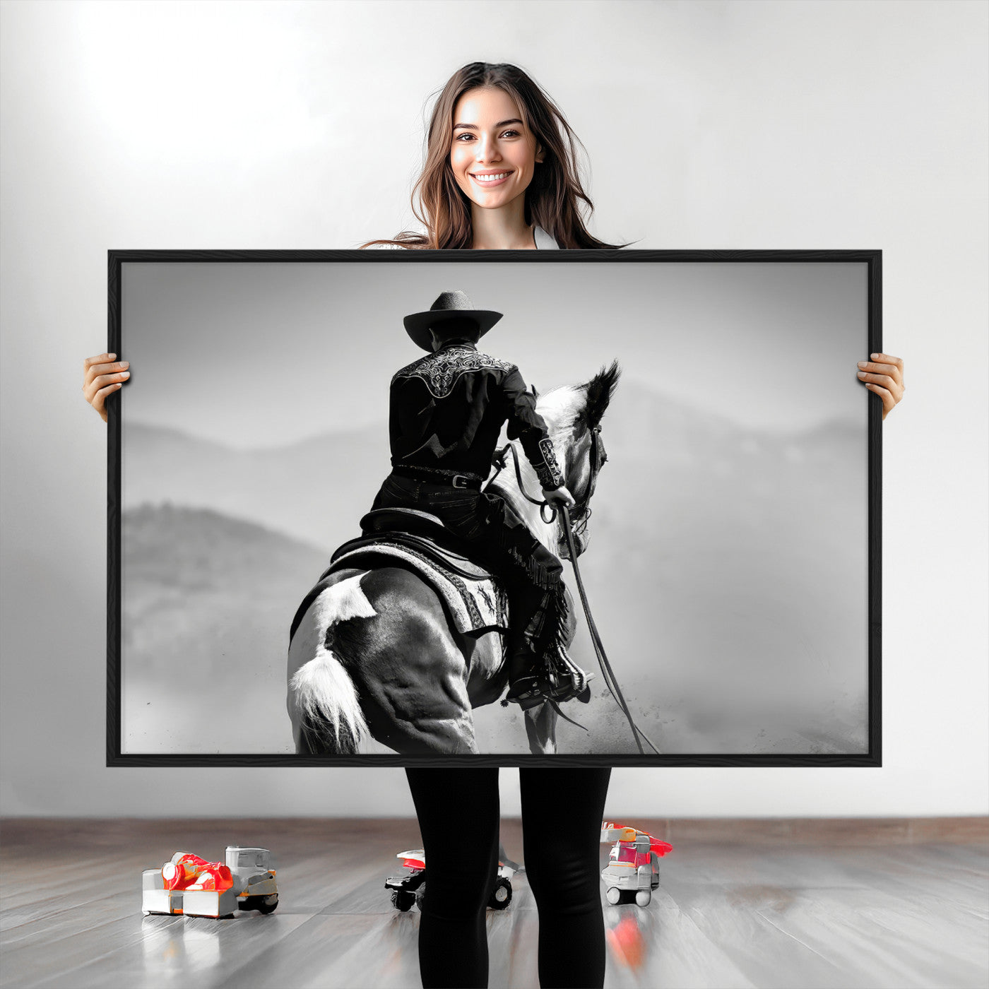 83102464-MGV-CV-36X24-Western Cowboy Wall Art Canvas Print, Framed Monochrome Horse Art Picture Print, Western Equestrian Perfect Rustic Western Decor