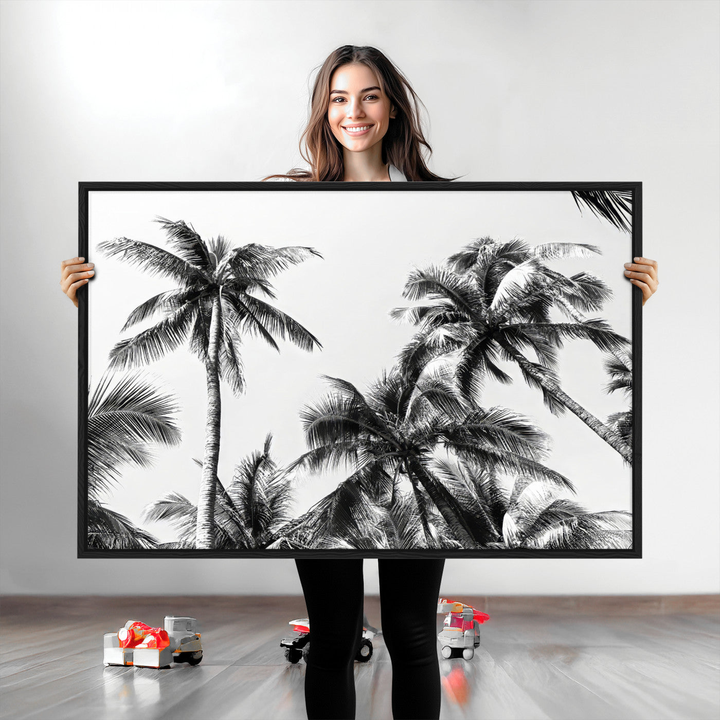 46641801-MGV-CV-36X24-Palm Tree Wall Art Canvas Print, Framed Black White Tropics Art Picture Print, Monochrome Palms Perfect Modern Tropical Minimalist