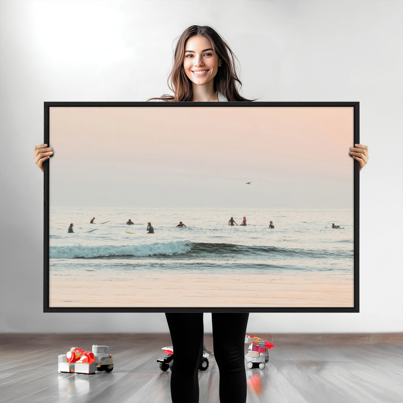 98888919-MGV-CV-36X24-Pastel Ocean Wall Art Canvas Print, Framed Soft Sunset Swimming Art Picture Print, Calm Sea Horizon Perfect Soft Coastal