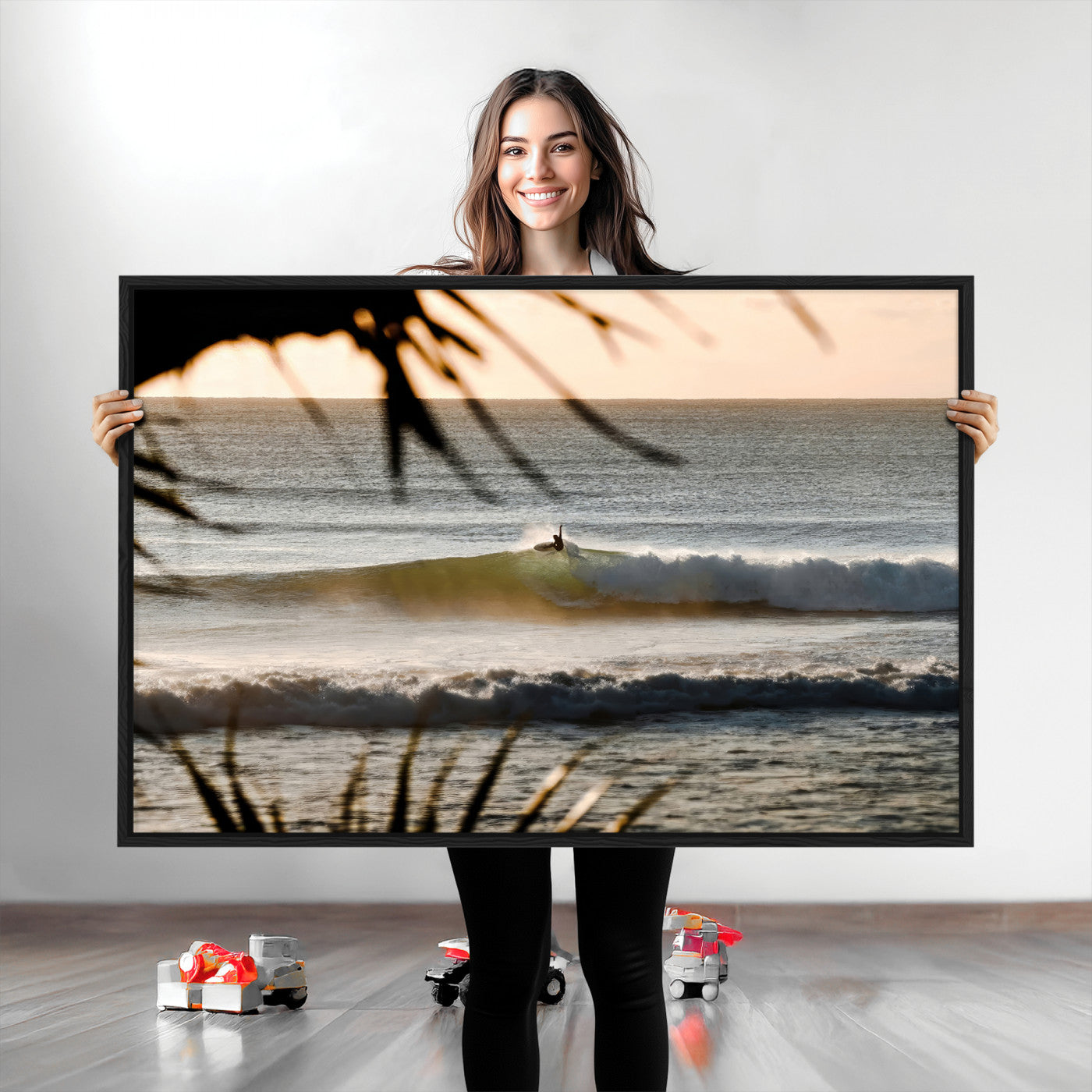 24896468-MGV-CV-36X24-Sunset Surf Wall Art Canvas Print, Framed Golden Waves Art Picture Print, Tropical Ocean Perfect Tropical Boho Decor Artwork