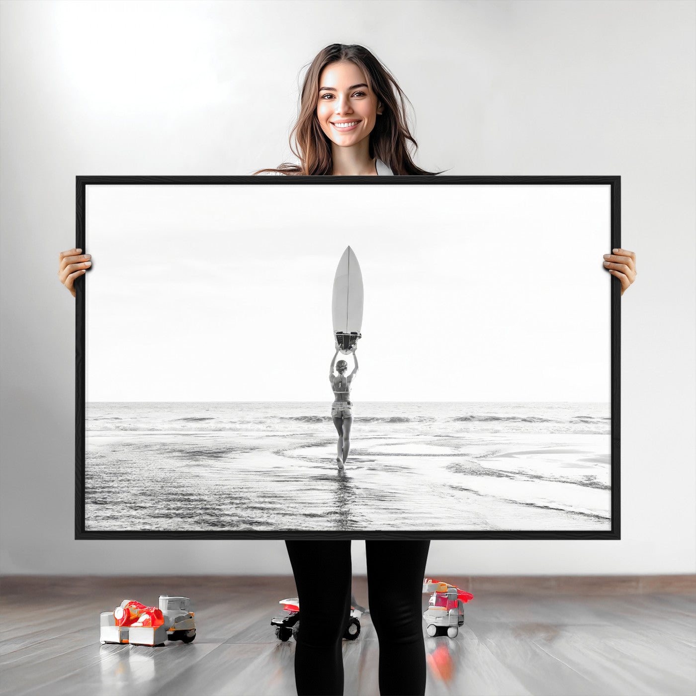 98446901-MGV-CV-36X24-Monochrome Surf Wall Art Canvas Print, Framed Minimalist Surfer Art Picture Print, Surfboard Silhouette Perfect Coastal Minimalist