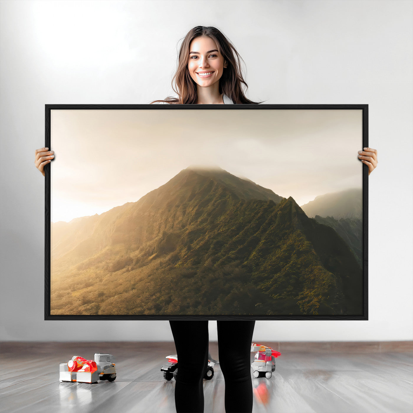 42338636-MGV-CV-36X24-Golden Mountain Wall Art Canvas Print, Framed Misty Summit Art Picture Print, Rugged Landscape Perfect Moody Wilderness Decor