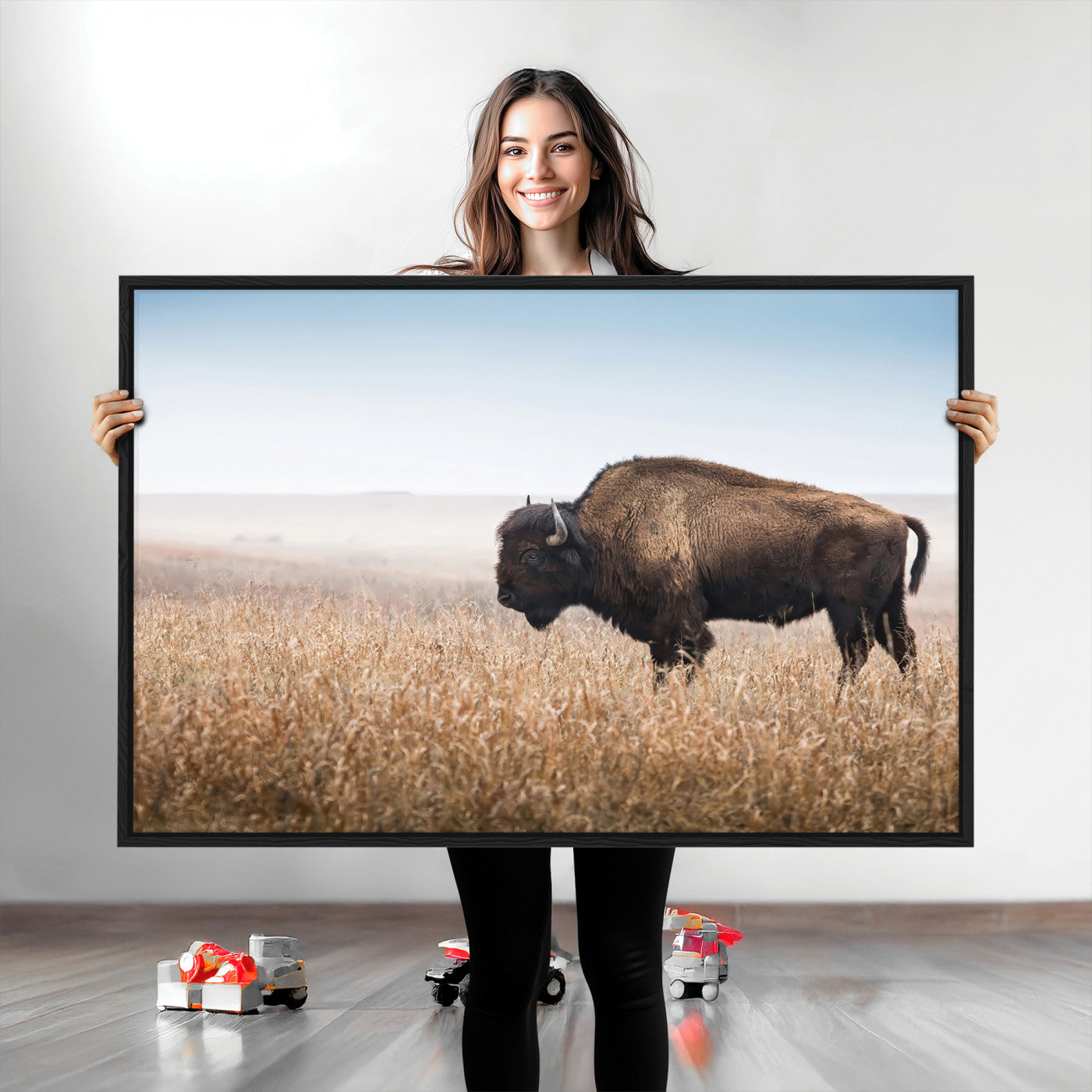 99620201-MGV-CV-36X24-Wild Bison Wall Art Canvas Print, Framed Bison in Prairie Art Picture Print, Rustic Western Perfect Rustic Western Decor Artwork