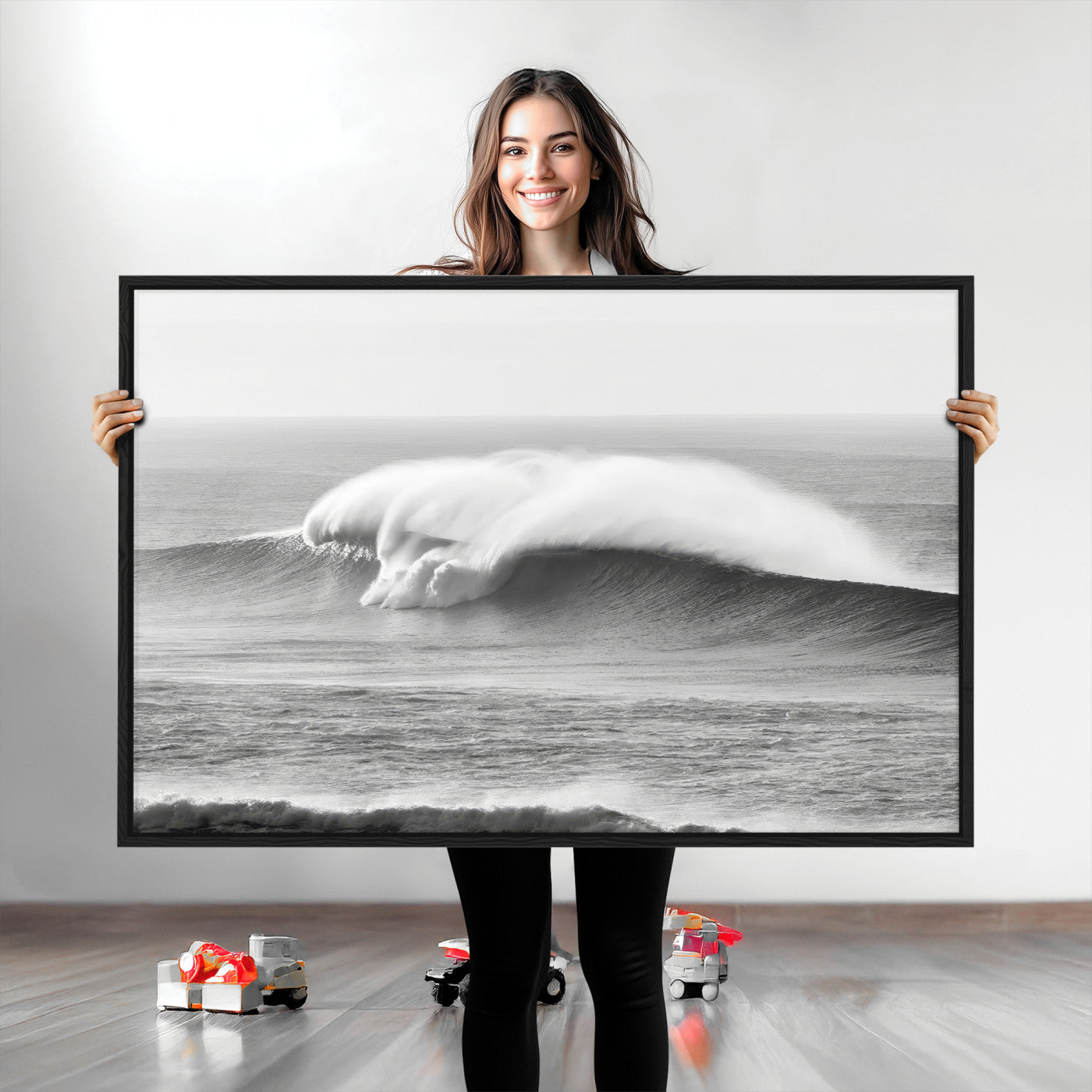 42544082-MGV-CV-36X24-Monochrome Seascape Wall Art Canvas Print, Framed Surf Wave Art Picture Print, Minimalist Ocean Perfect Moody Coastal Decor