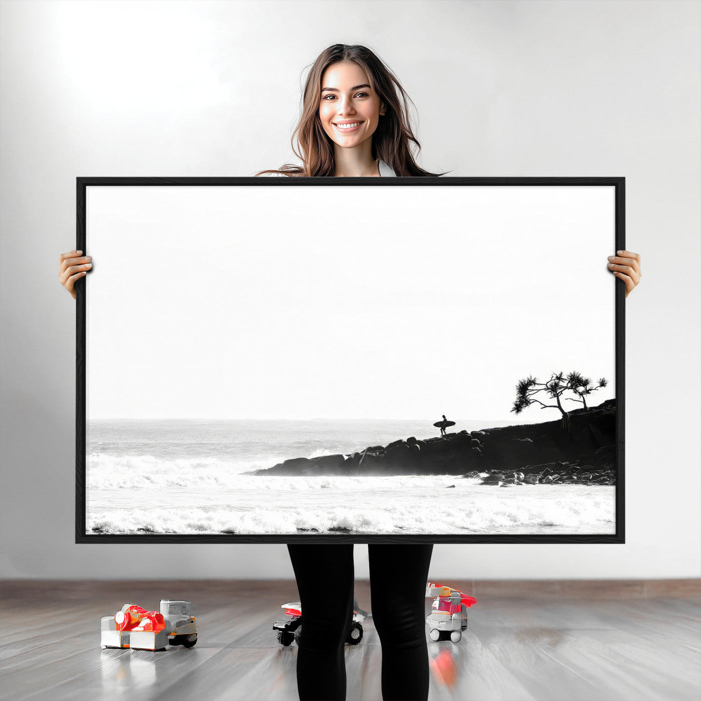 40875891-MGV-CV-36X24-SurferCliffs Wall Art Canvas Print, Framed Black White Beach Art Picture Print, Ocean Waves Perfect Minimalist Coastal Decor