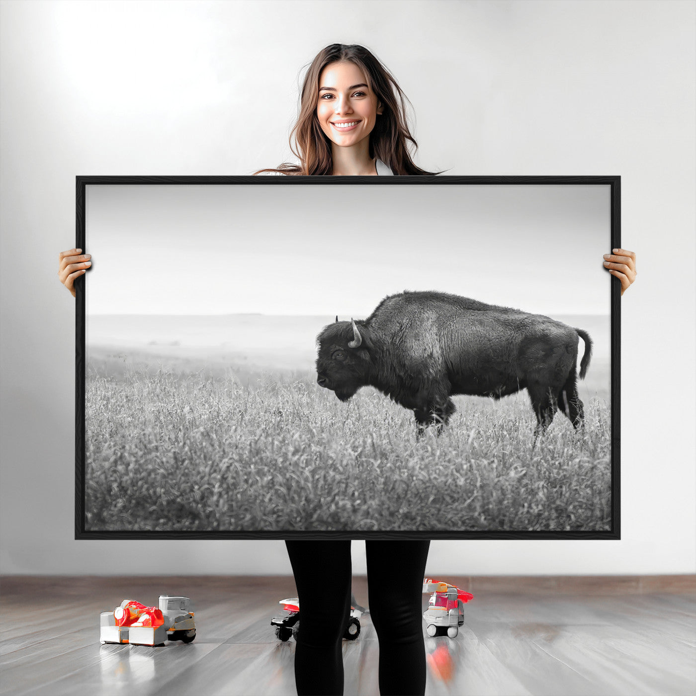 28435251-MGV-CV-36X24-Bison In Prairie Wall Art Canvas Print, Framed Rustic Wildlife Art Picture Print, Wild Buffalo Perfect Rustic Western Decor