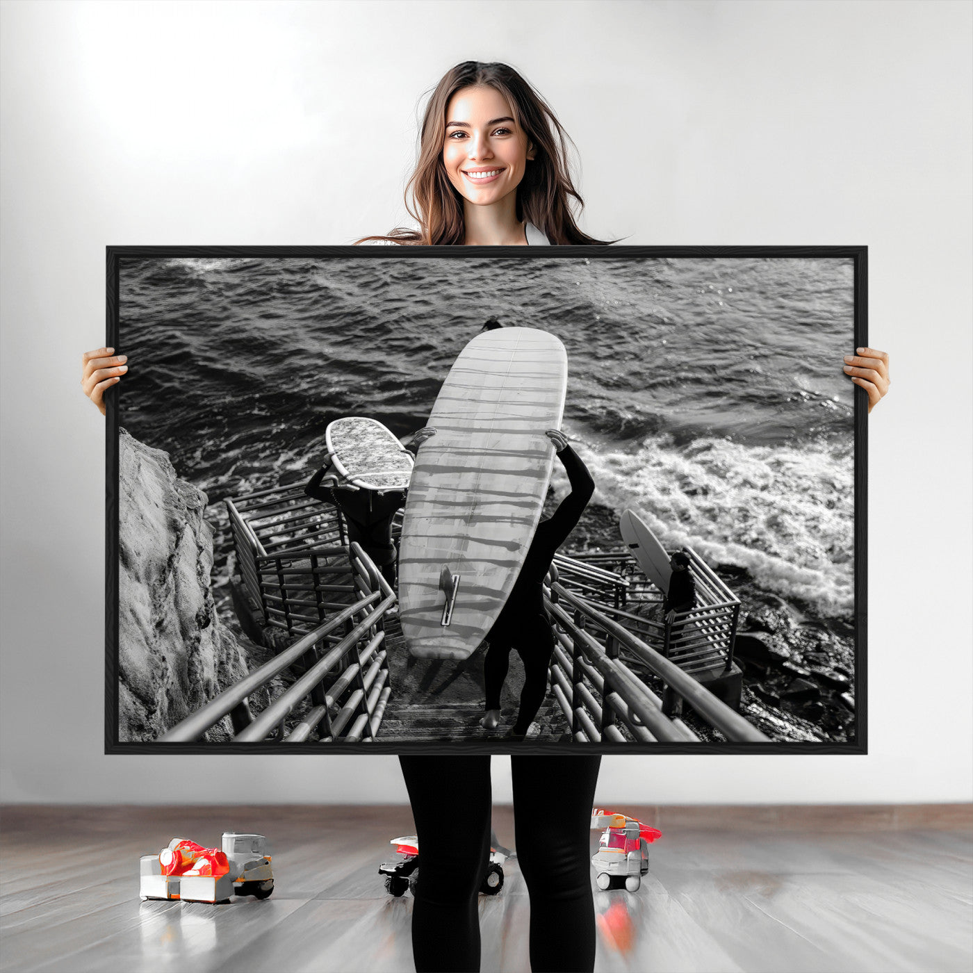 32353707-MGV-CV-36X24-Black White Surfing Wall Art Canvas Print, Framed Coastal Surfing Art Picture Print, Wave Riders Perfect Coastal Adventure Decor