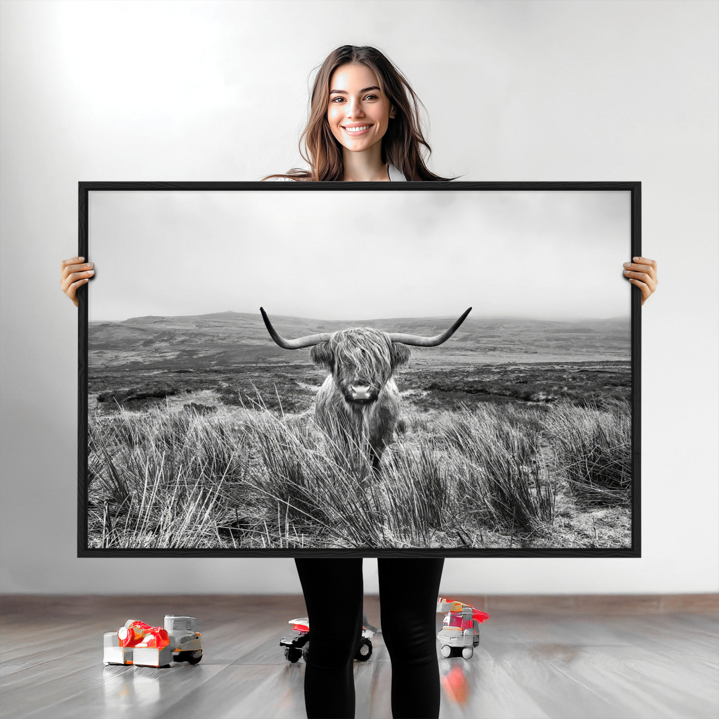 24051061-MGV-CV-36X24-Monochrome Highland Cow Wall Art Canvas Print, Framed Scottish Bull Art Picture Print, Lone Cattle Perfect Rustic Farmhouse Decor