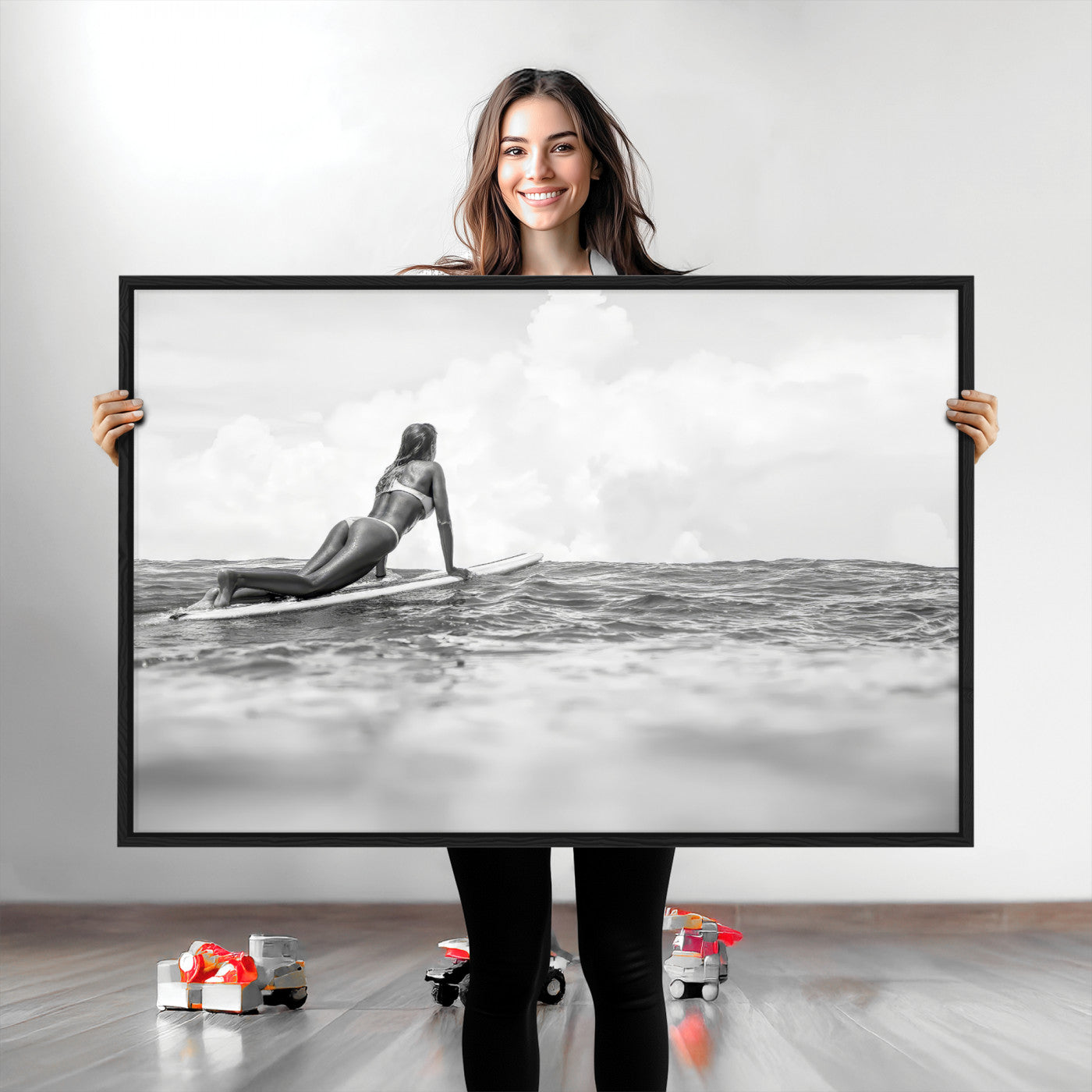 69798068-MGV-CV-36X24-Black White Surfing Wall Art Canvas Print, Framed Ocean Horizon Art Picture Print, Surfer Girl Perfect Coastal Adventure Decor