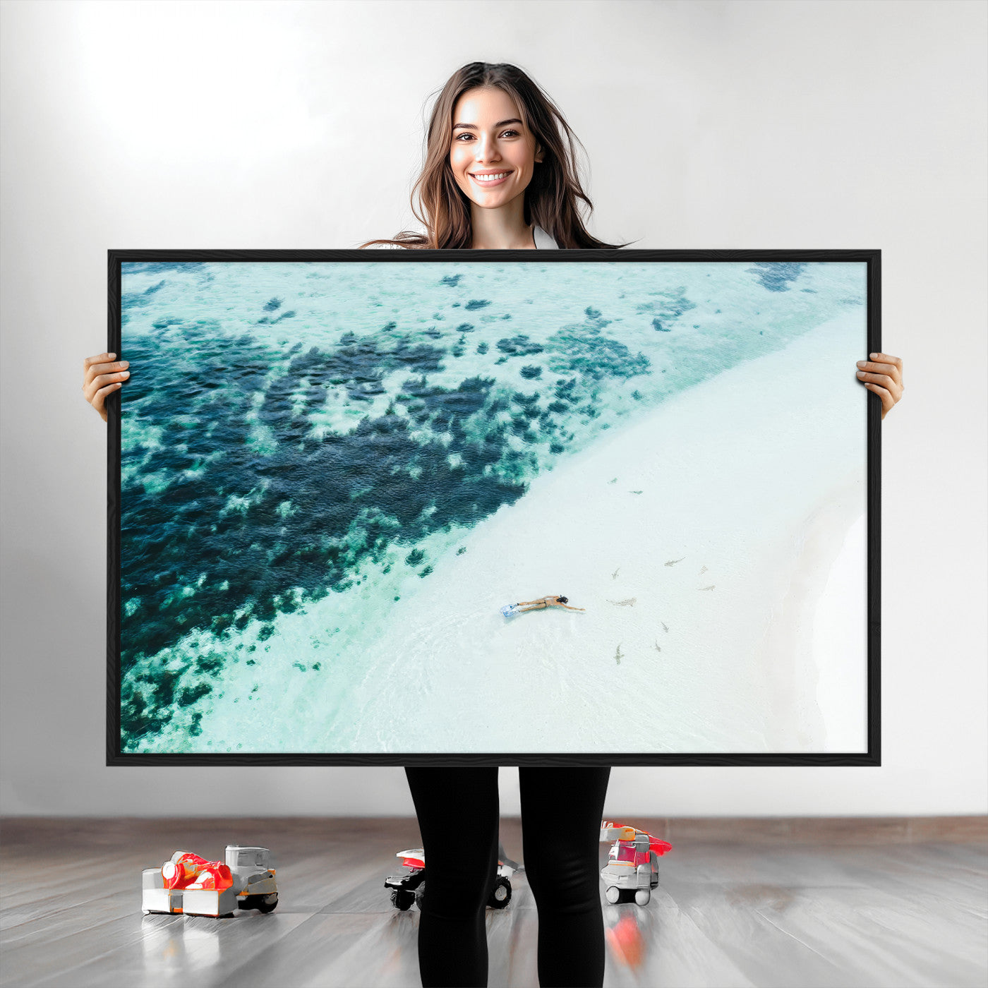 33764764-MGV-CV-36X24-Minimal Beach Wall Art Canvas Print, Framed Ocean Swimming Art Picture Print, Clear Ocean Perfect Minimal Coastal Decor Artwork