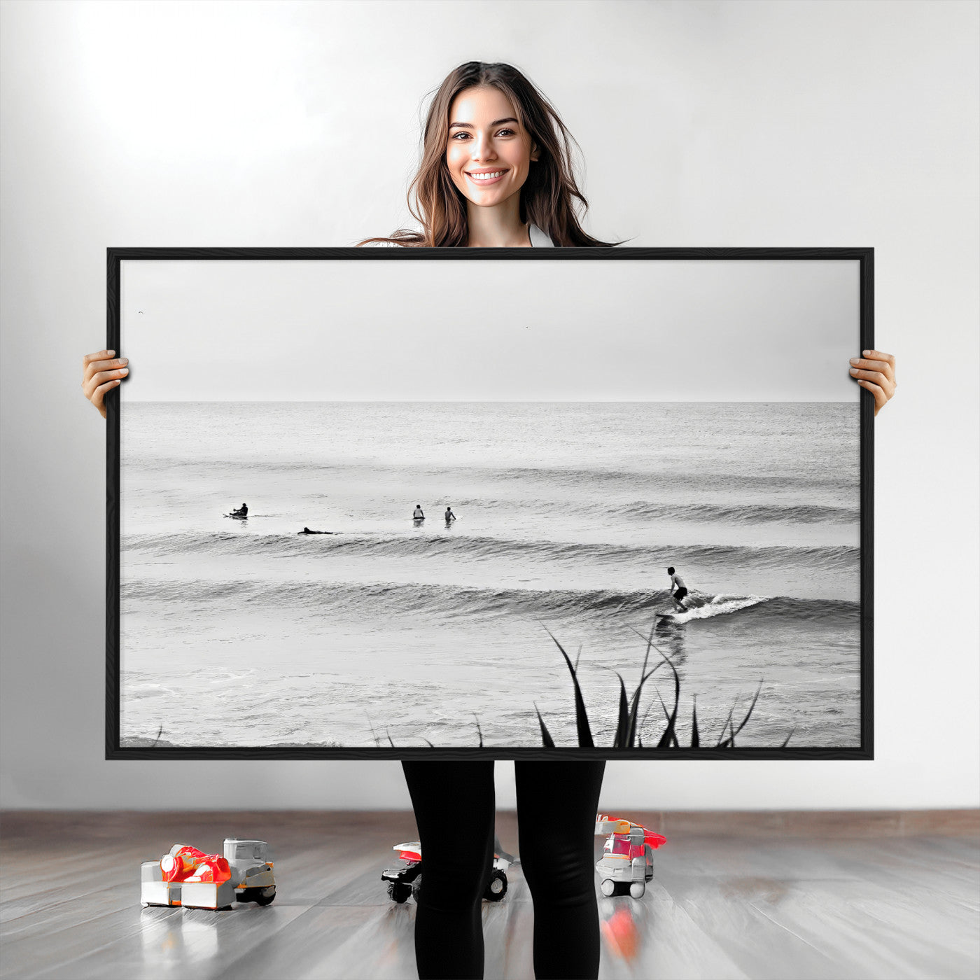 33821421-MGV-CV-36X24-Surfer Silhouette Wall Art Canvas Print, Framed Calm Ocean Art Picture Print, Monochrome Surf Perfect Minimalist Coastal Decor