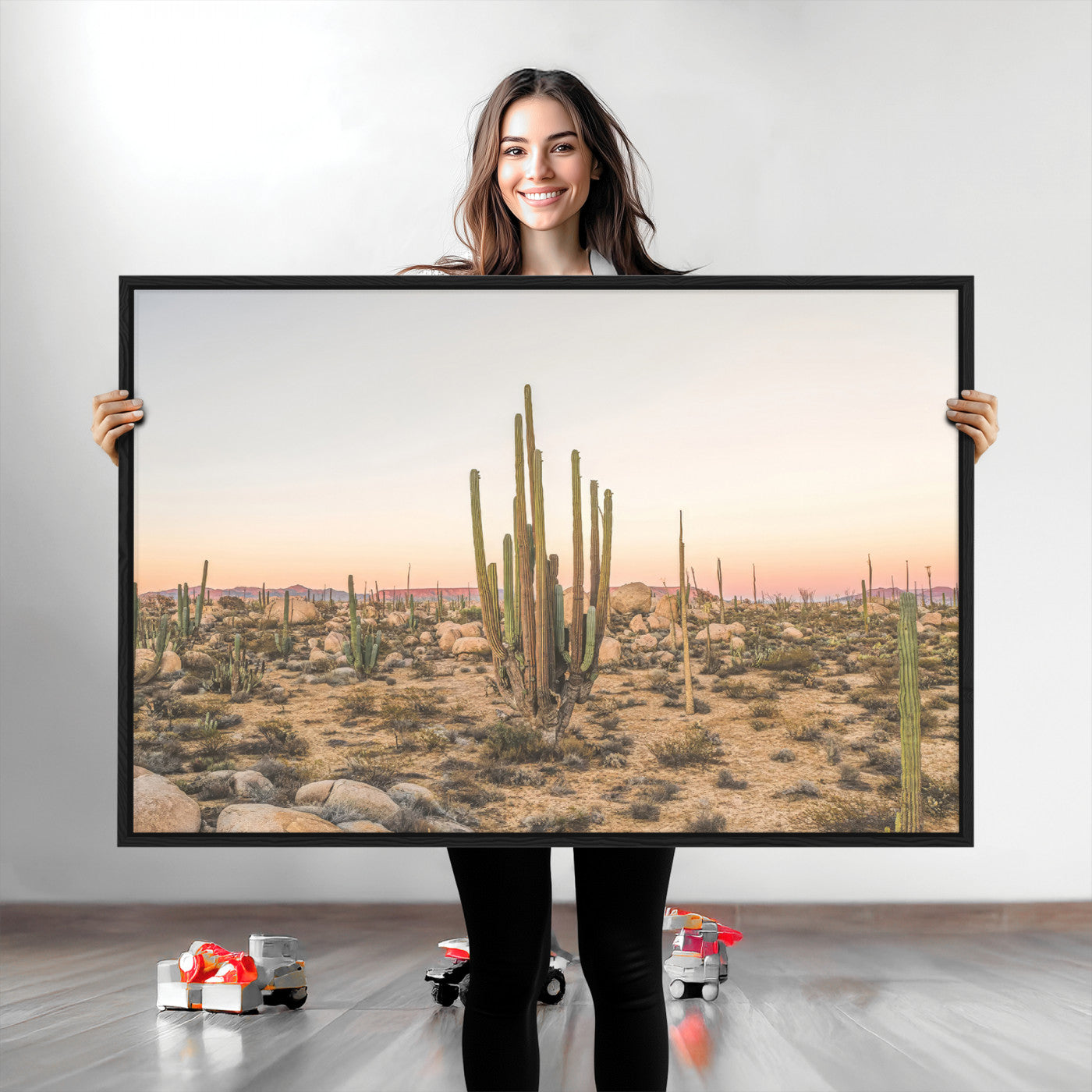 76234974-MGV-CV-36X24-Desert Cactus Wall Art Canvas Print, Framed Baja Desert Art Picture Print, Pastel Desert Perfect Southwestern Boho Decor Artwork